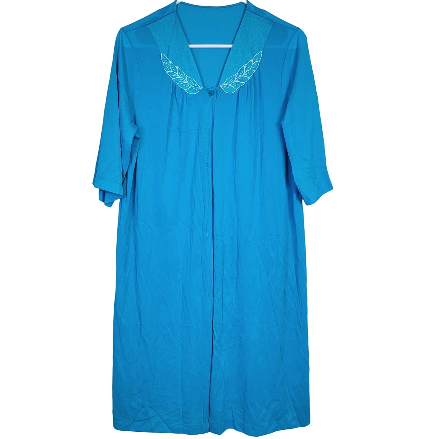 Vintage 90s Nylon Robe Women Medium Embroidery Button Dress Nightgown Blue