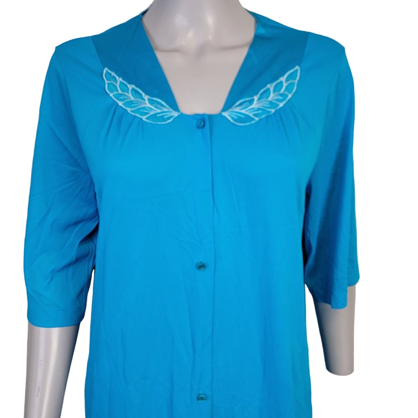 Vintage 90s Nylon Robe Women Medium Embroidery Button Dress Nightgown Blue