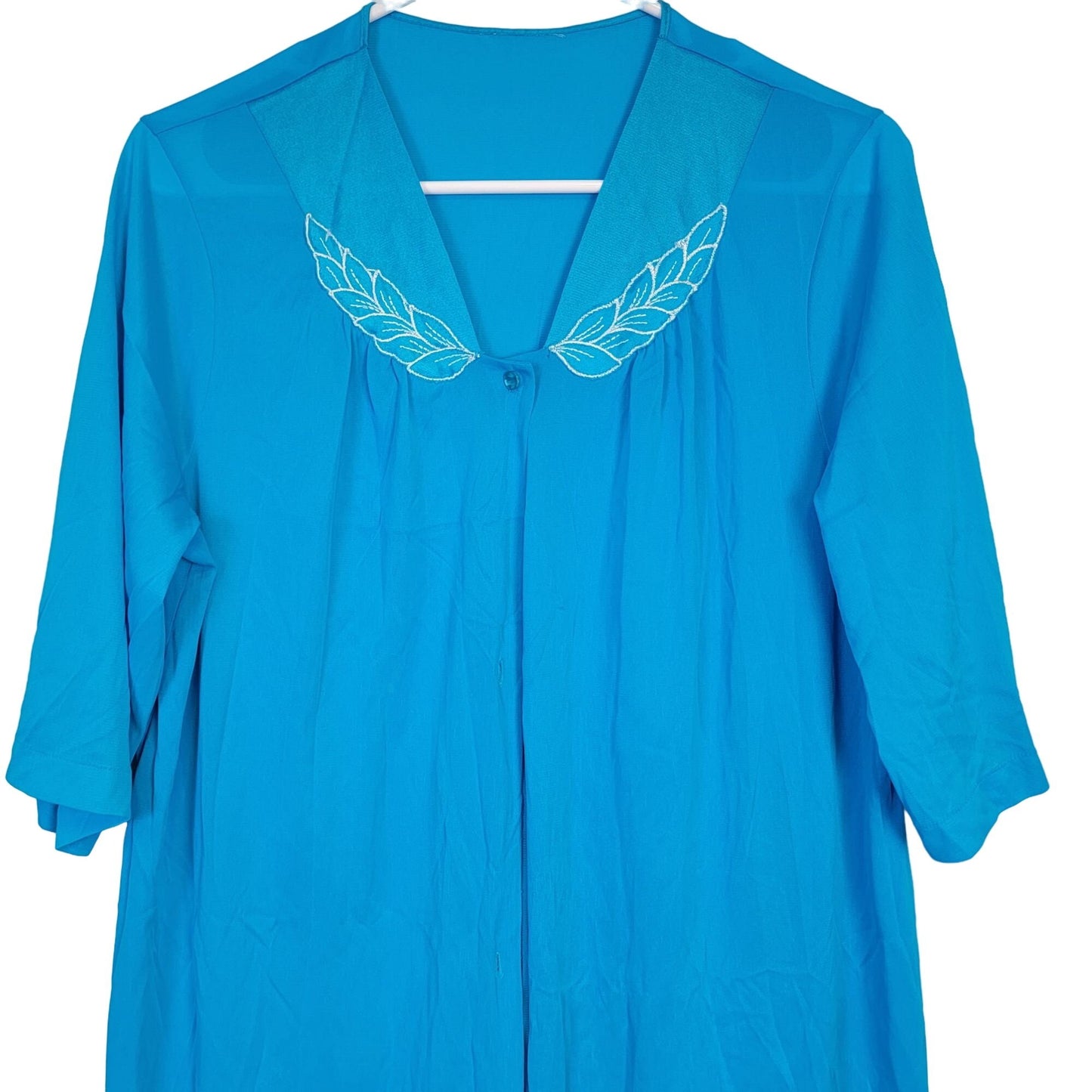 Vintage 90s Nylon Robe Women Medium Embroidery Button Dress Nightgown Blue