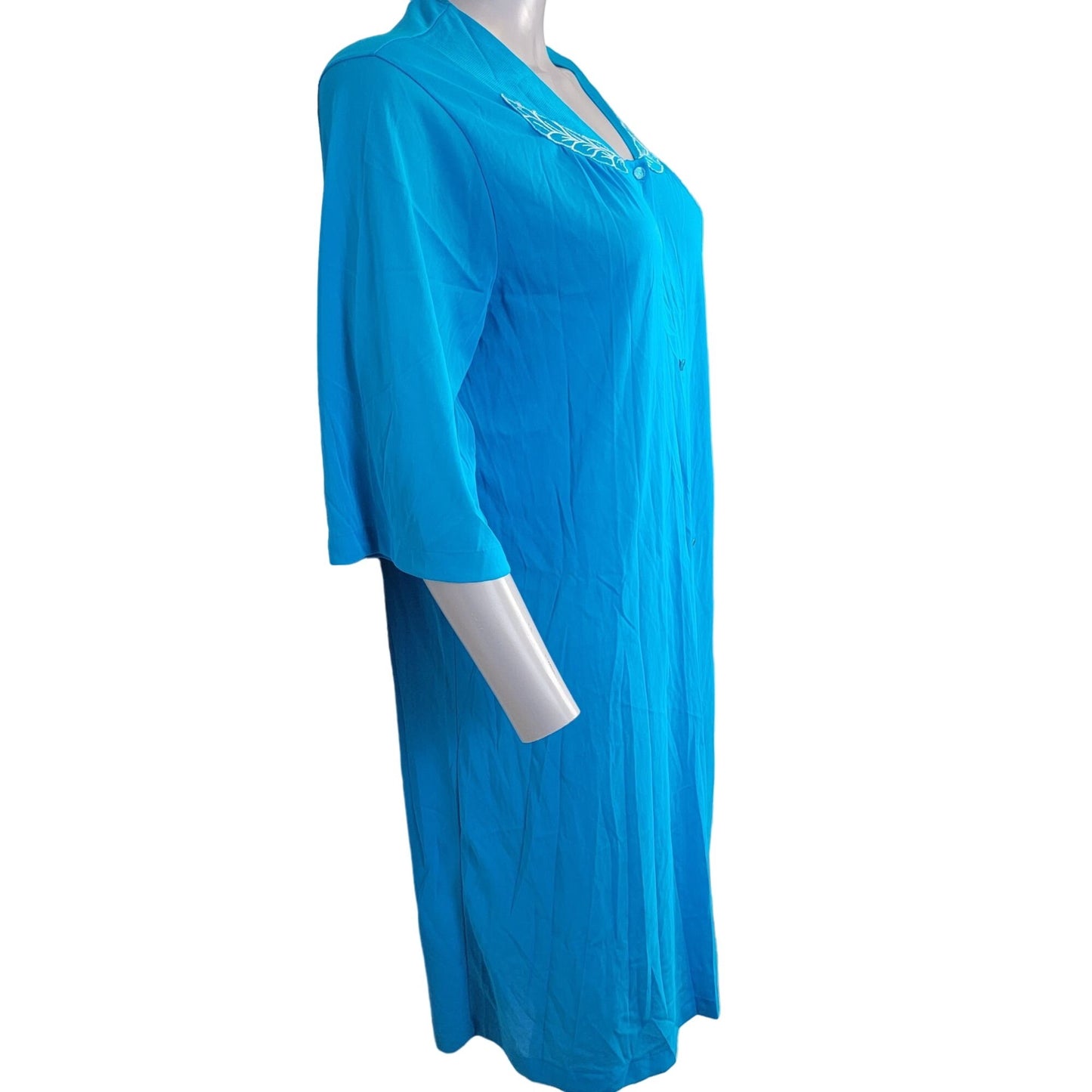 Vintage 90s Nylon Robe Women Medium Embroidery Button Dress Nightgown Blue