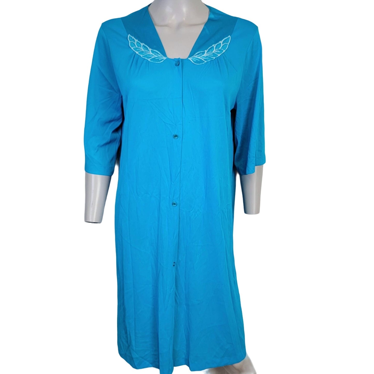 Vintage 90s Nylon Robe Women Medium Embroidery Button Dress Nightgown Blue