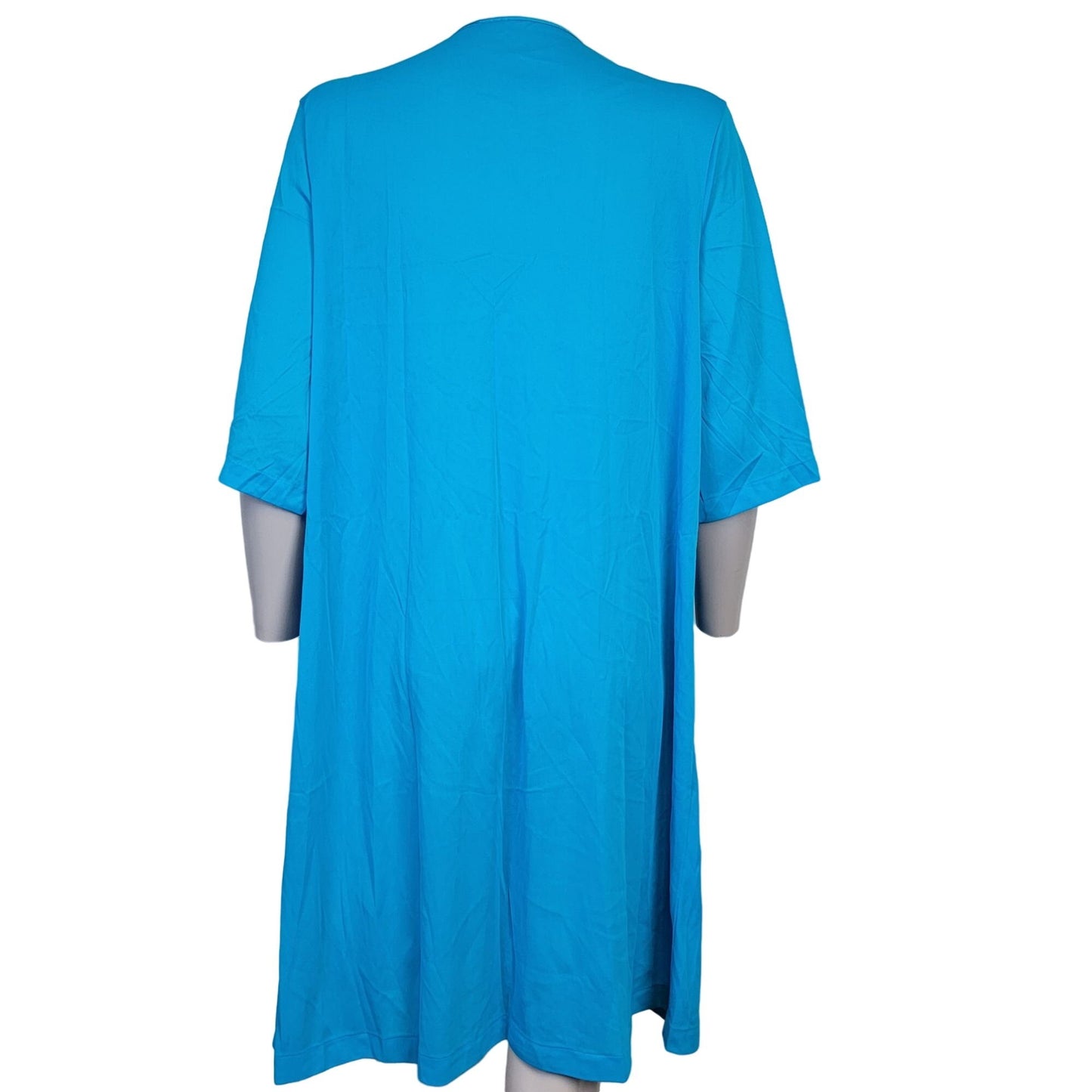 Vintage 90s Nylon Robe Women Medium Embroidery Button Dress Nightgown Blue