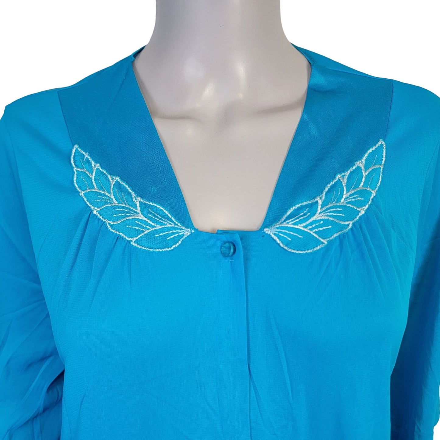 Vintage 90s Nylon Robe Women Medium Embroidery Button Dress Nightgown Blue