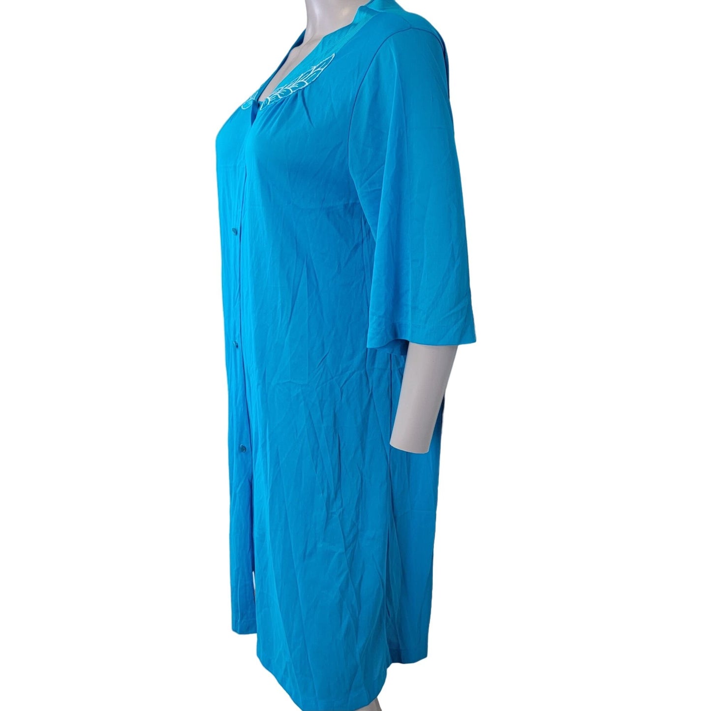 Vintage 90s Nylon Robe Women Medium Embroidery Button Dress Nightgown Blue