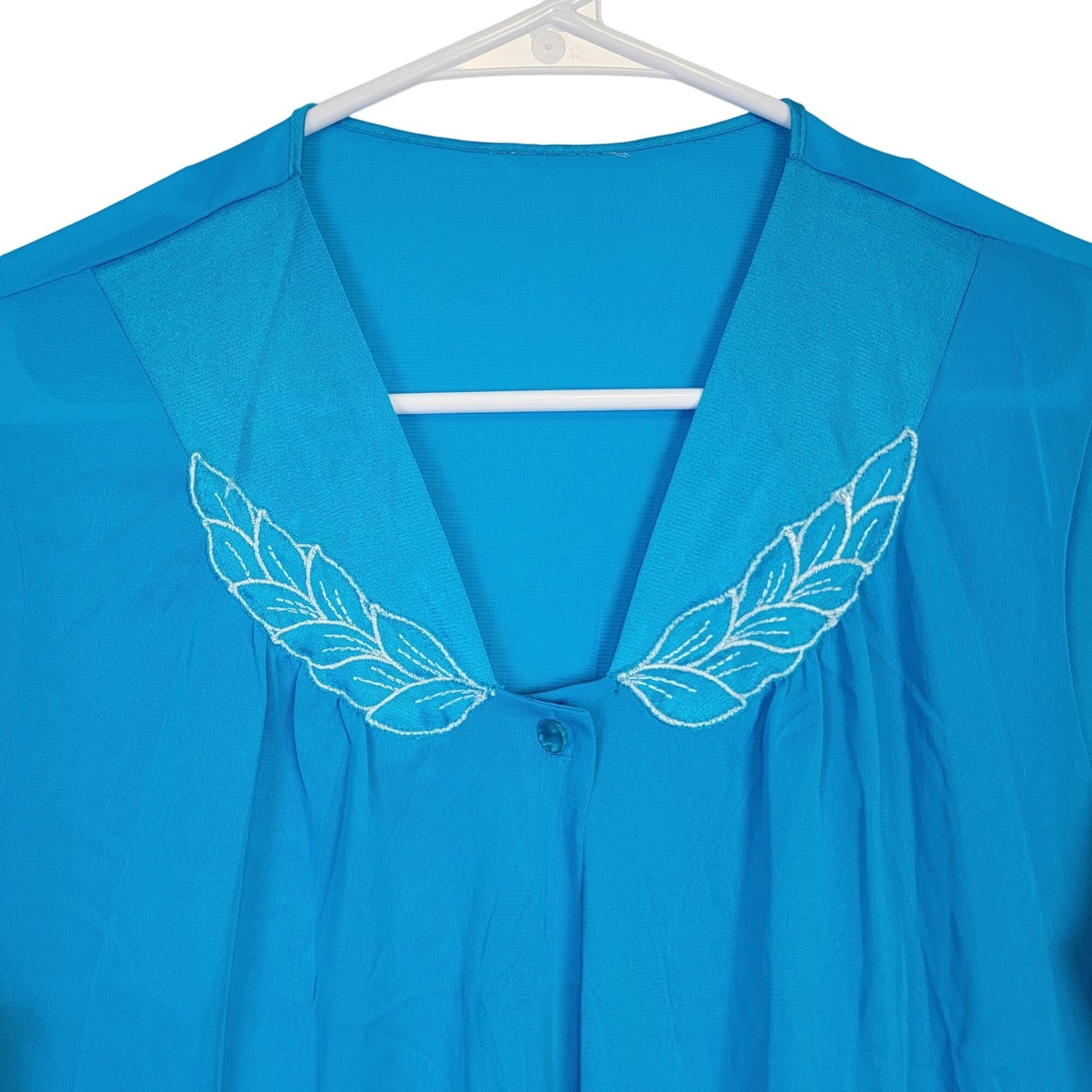 Vintage 90s Nylon Robe Women Medium Embroidery Button Dress Nightgown Blue