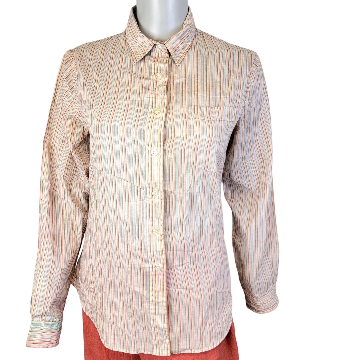 Vintage 70s Stripe Shirt Women Medium 8 10 Button Collar Top