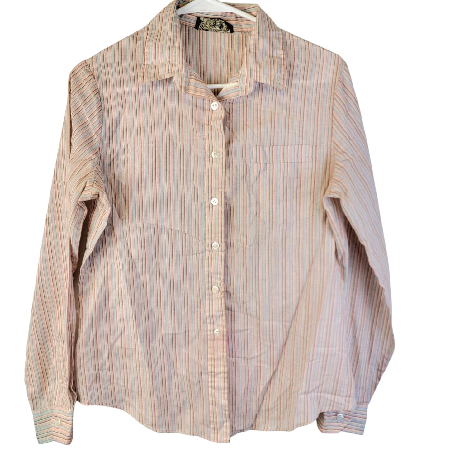 Vintage 70s Stripe Shirt Women Medium 8 10 Button Collar Top