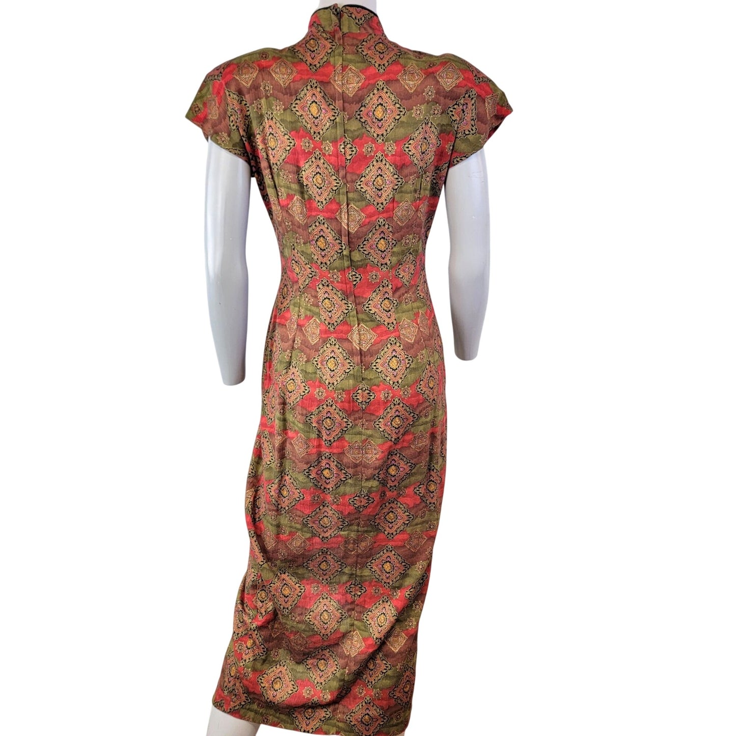 Vintage 80s Asian Midi Dress Women 3 Small 4 Red Brown Black Geometric Formal Fall