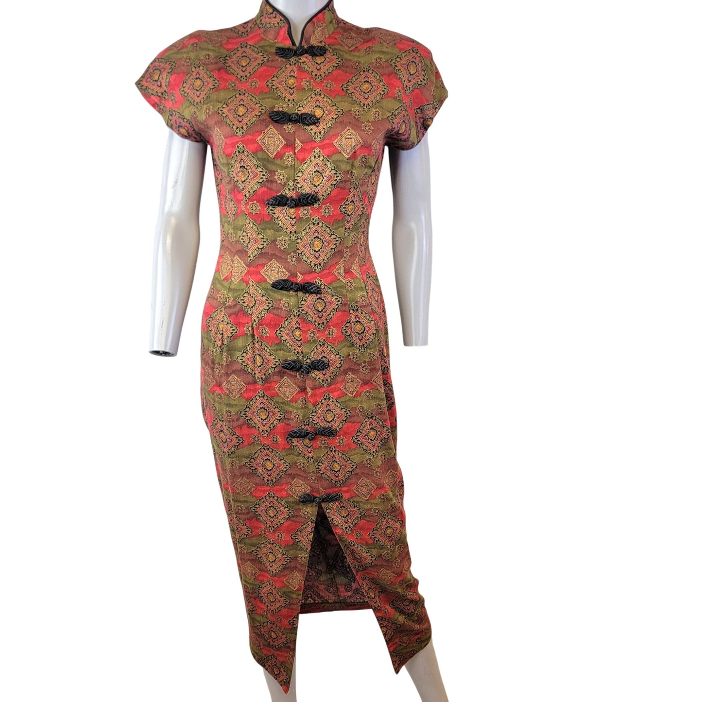 Vintage 80s Asian Midi Dress Women 3 Small 4 Red Brown Black Geometric Formal Fall