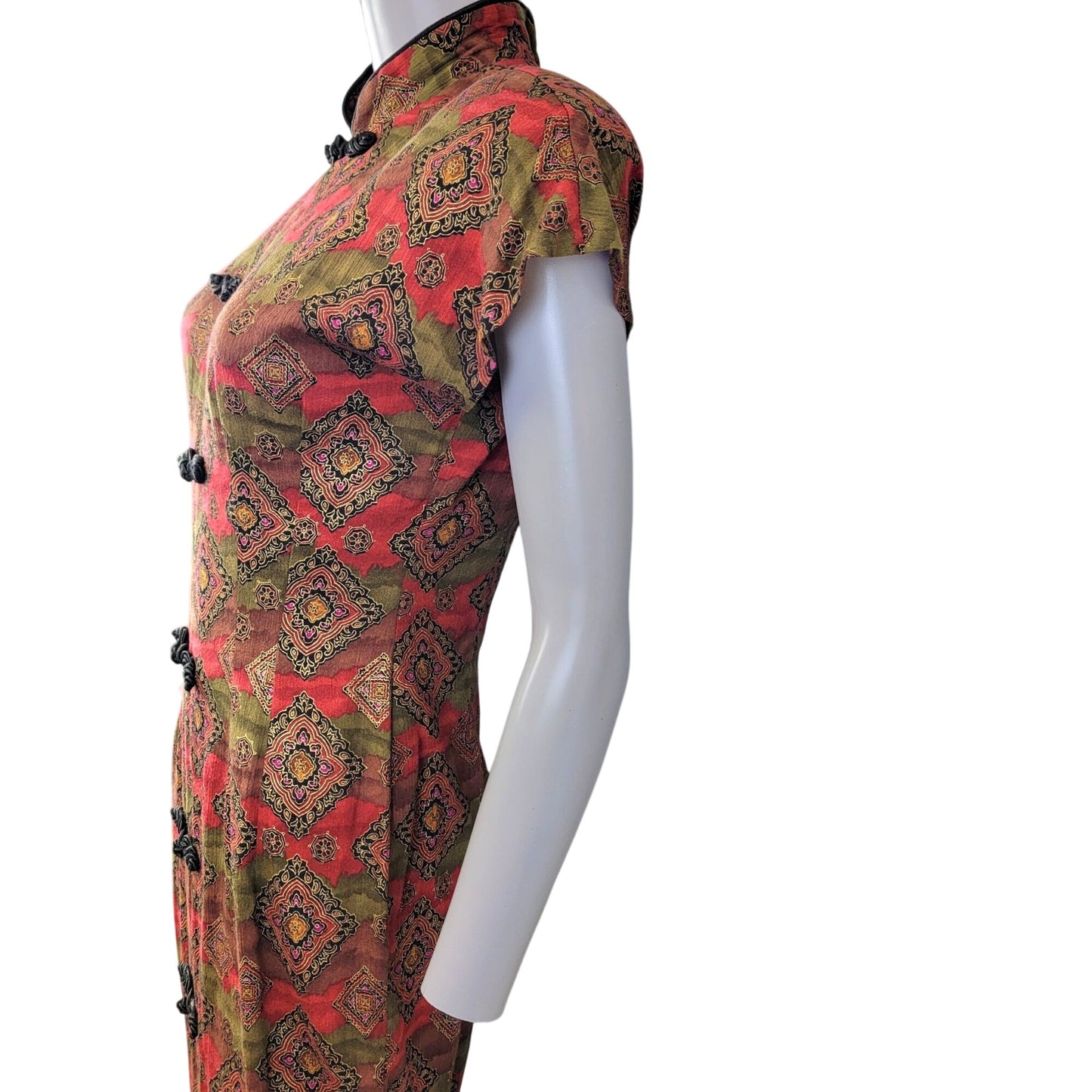 Vintage 80s Asian Midi Dress Women 3 Small 4 Red Brown Black Geometric Formal Fall