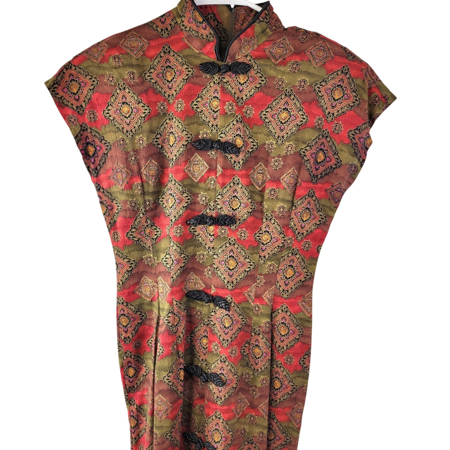 Vintage 80s Asian Midi Dress Women 3 Small 4 Red Brown Black Geometric Formal Fall