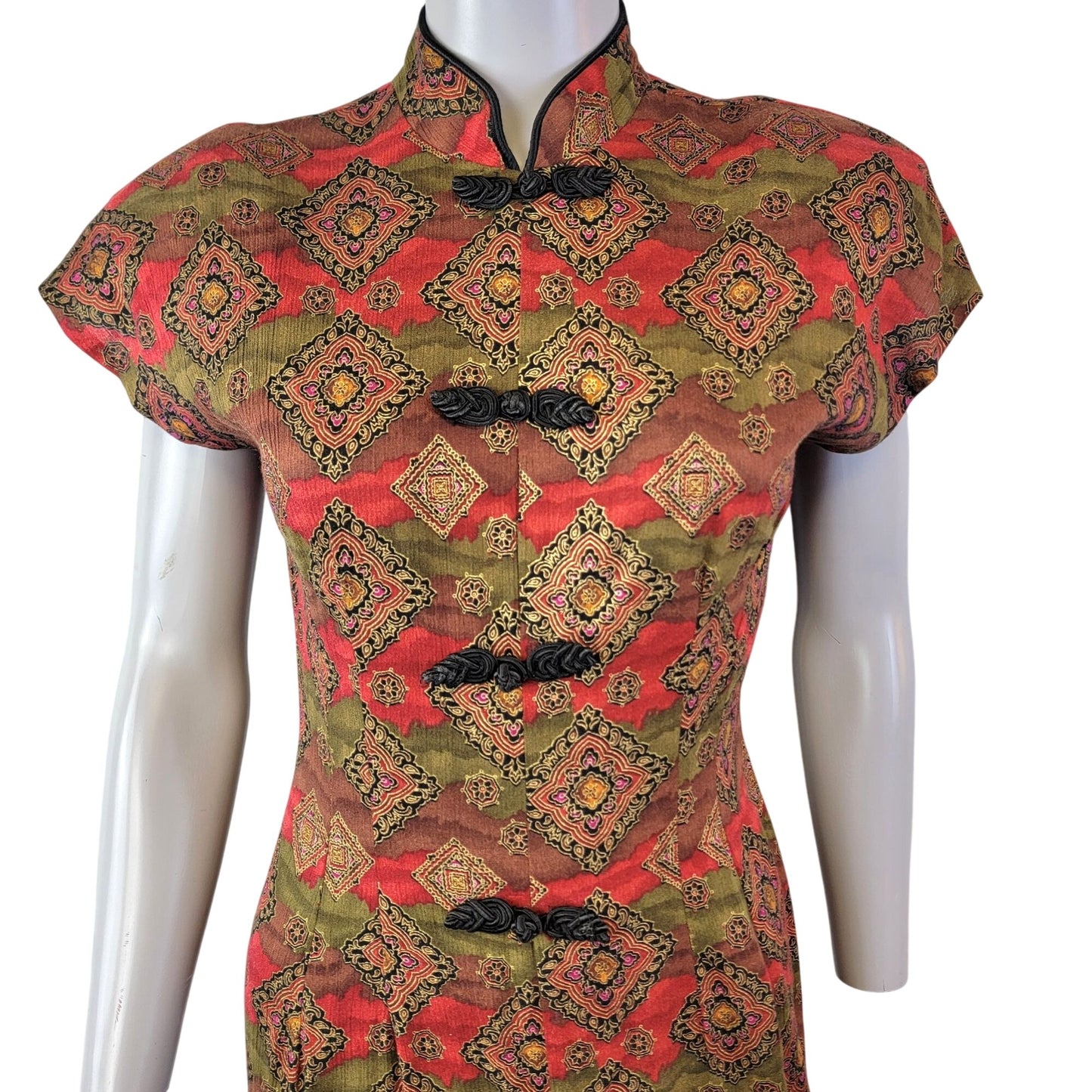 Vintage 80s Asian Midi Dress Women 3 Small 4 Red Brown Black Geometric Formal Fall