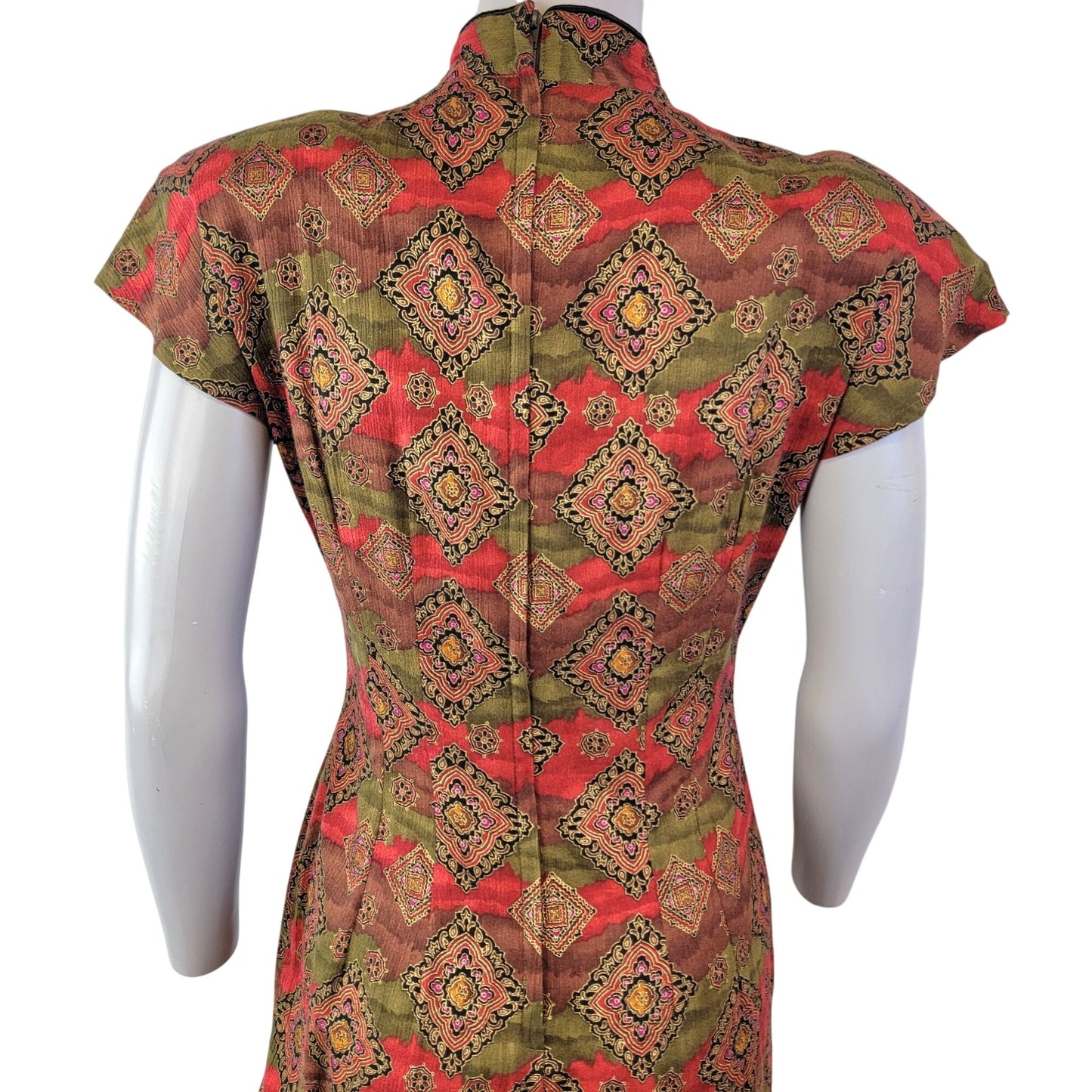 Vintage 80s Asian Midi Dress Women 3 Small 4 Red Brown Black Geometric Formal Fall