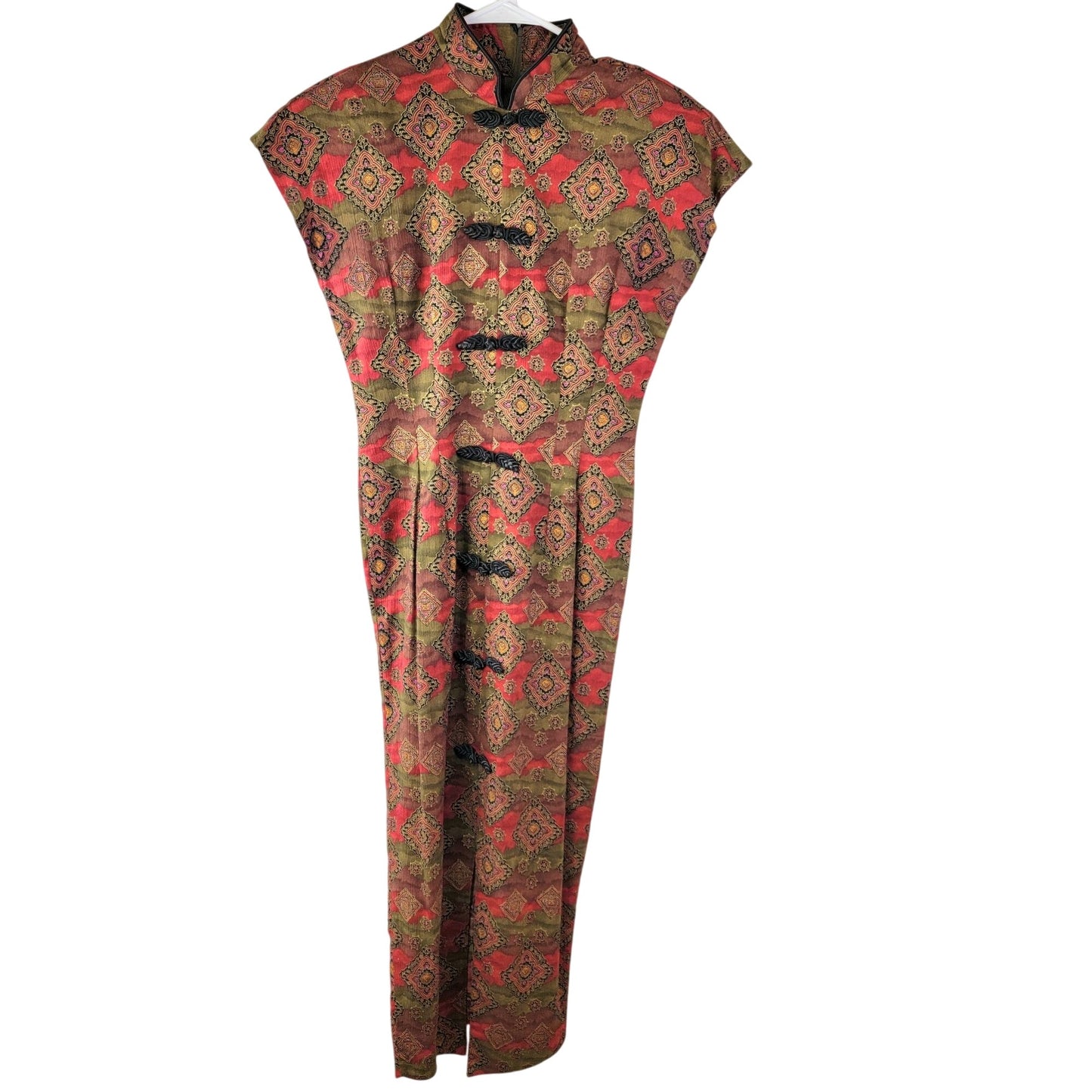 Vintage 80s Asian Midi Dress Women 3 Small 4 Red Brown Black Geometric Formal Fall