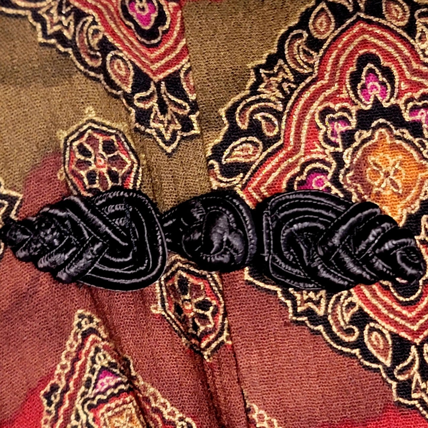 Vintage 80s Asian Midi Dress Women 3 Small 4 Red Brown Black Geometric Formal Fall