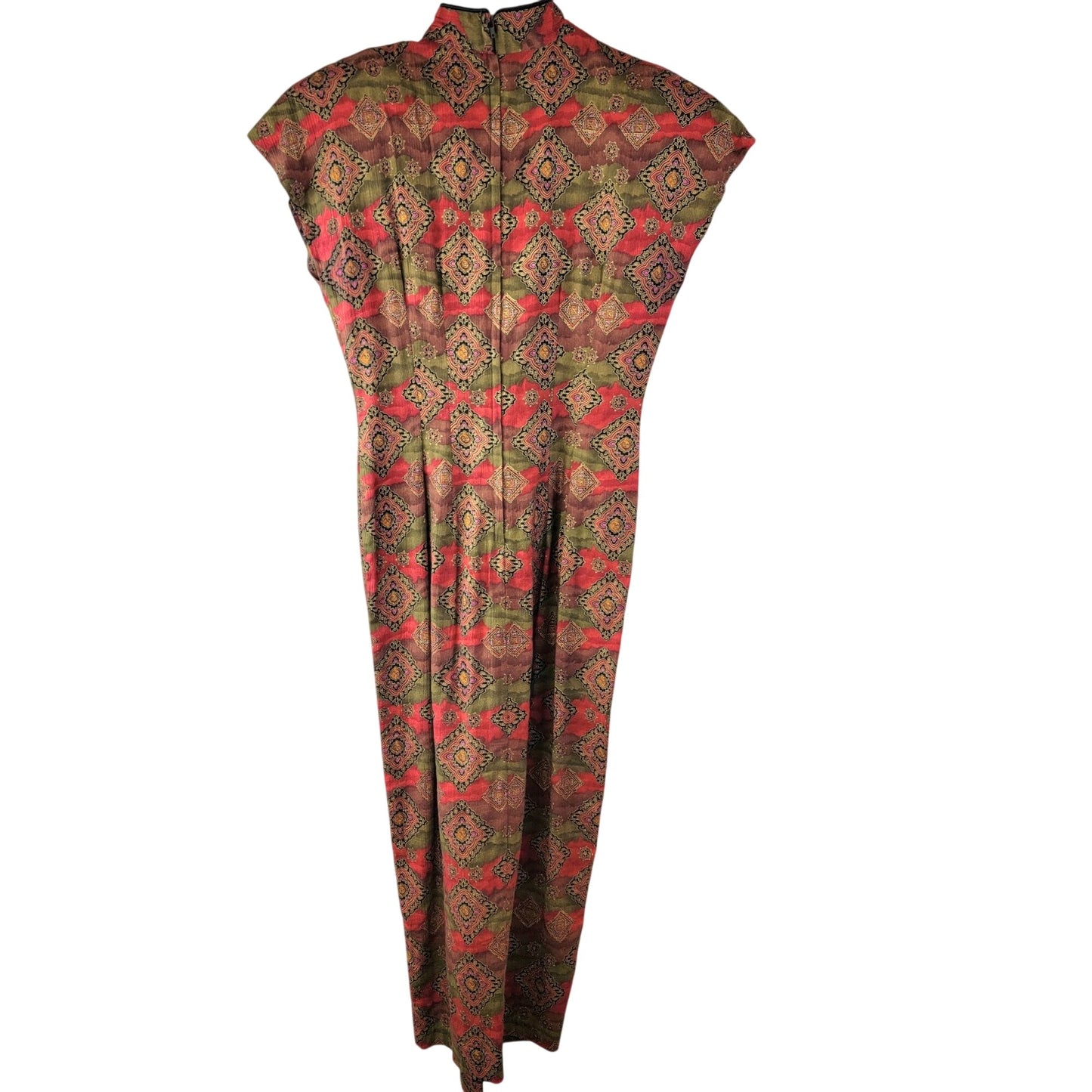 Vintage 80s Asian Midi Dress Women 3 Small 4 Red Brown Black Geometric Formal Fall