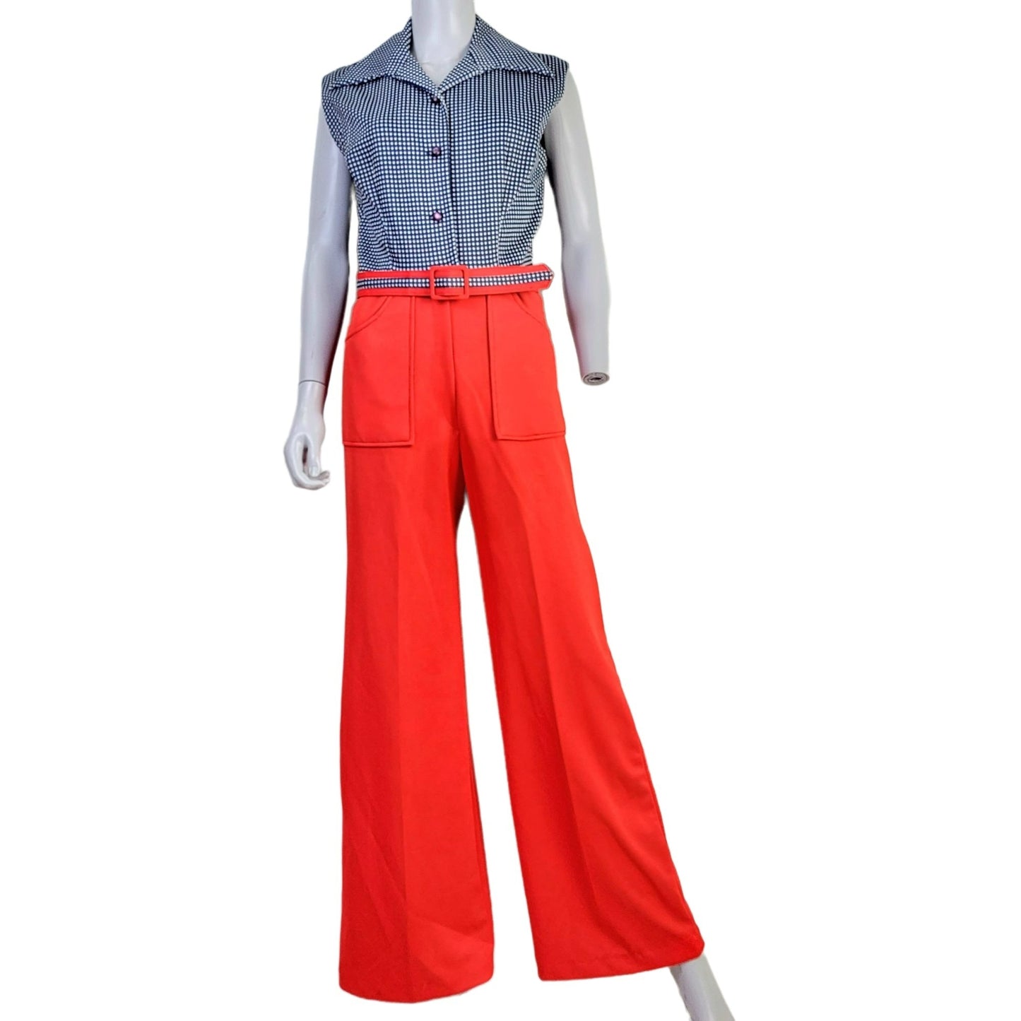 Vintage 70s Patriotic Flag Jumpsuit Women Medium Red Flare Leg High Rise Collar