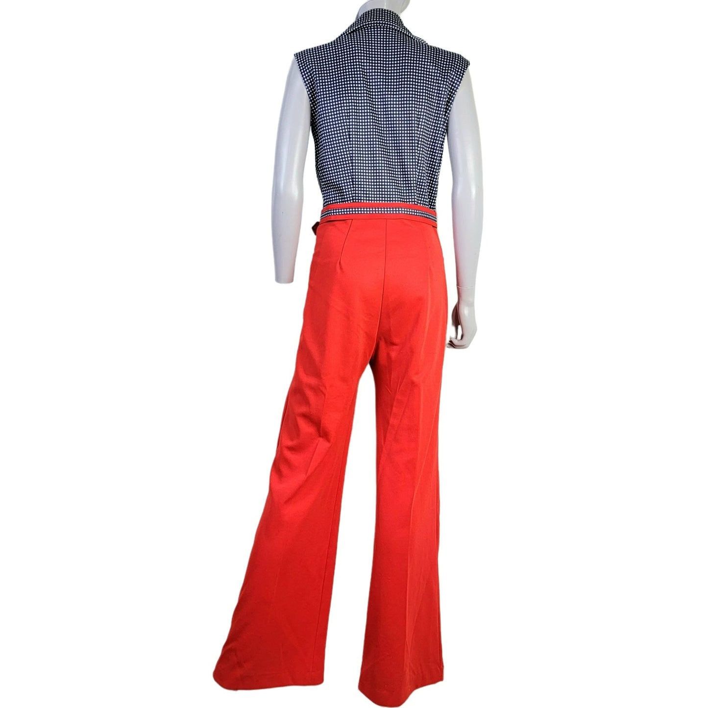Vintage 70s Patriotic Flag Jumpsuit Women Medium Red Flare Leg High Rise Collar