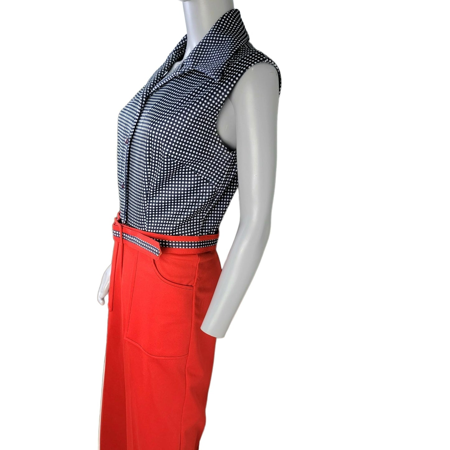 Vintage 70s Patriotic Flag Jumpsuit Women Medium Red Flare Leg High Rise Collar