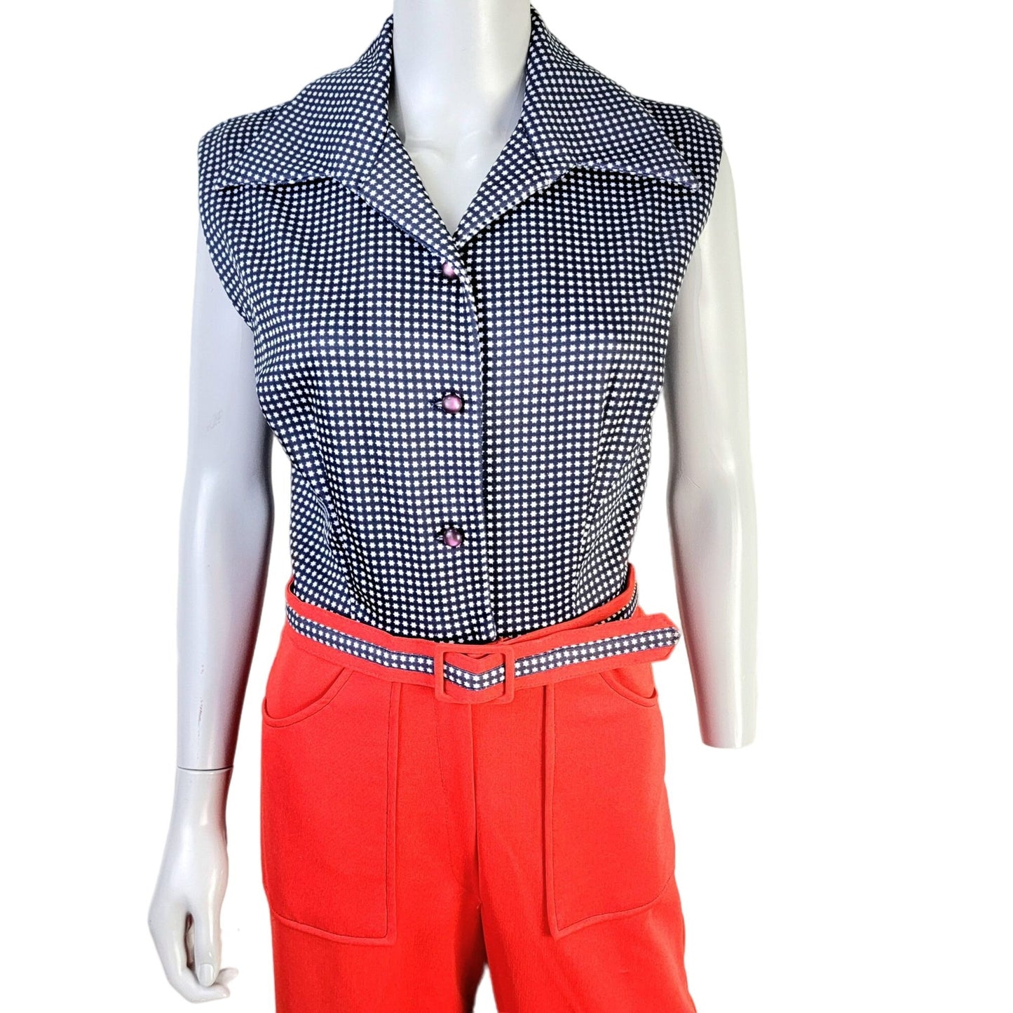 Vintage 70s Patriotic Flag Jumpsuit Women Medium Red Flare Leg High Rise Collar