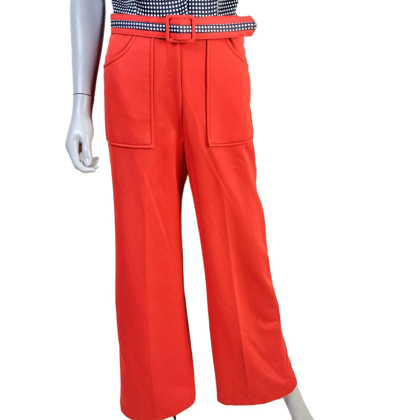 Vintage 70s Patriotic Flag Jumpsuit Women Medium Red Flare Leg High Rise Collar