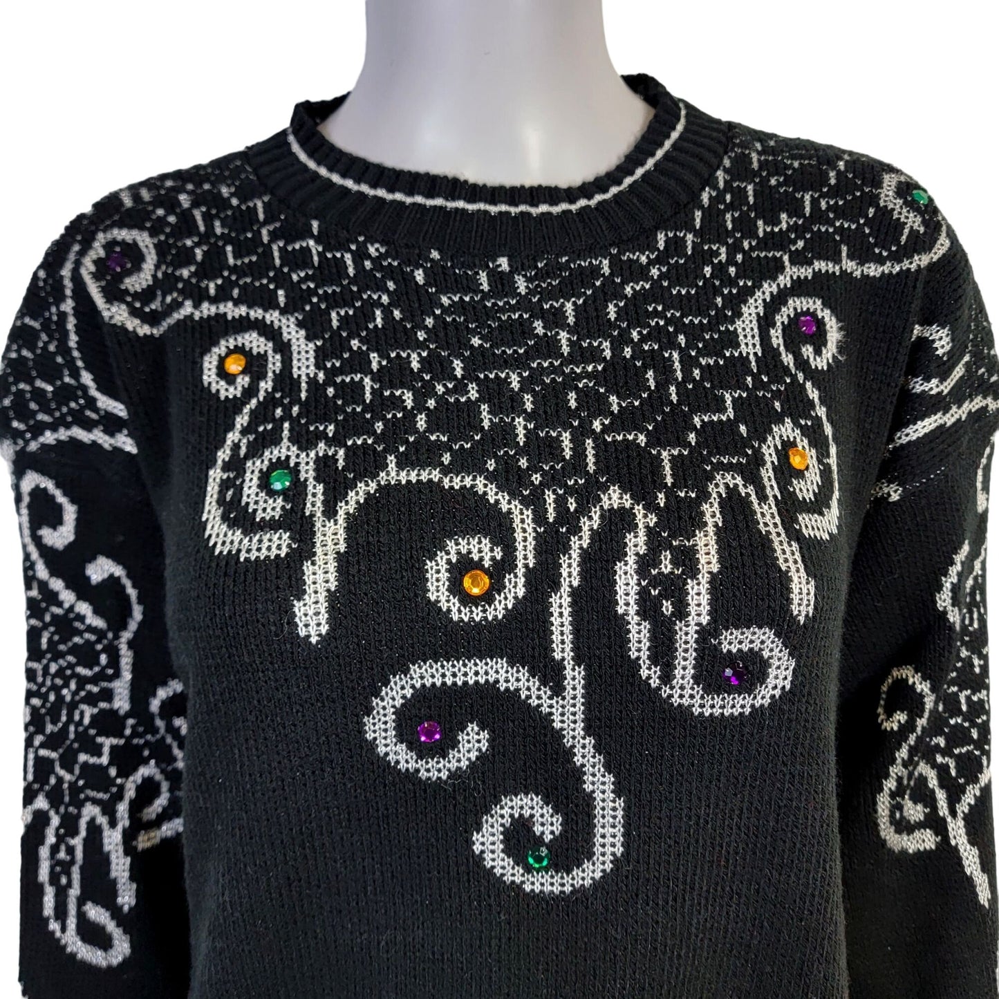 Vintage 80s Embellished Sweater Women XL Shirt Top Jewels Black