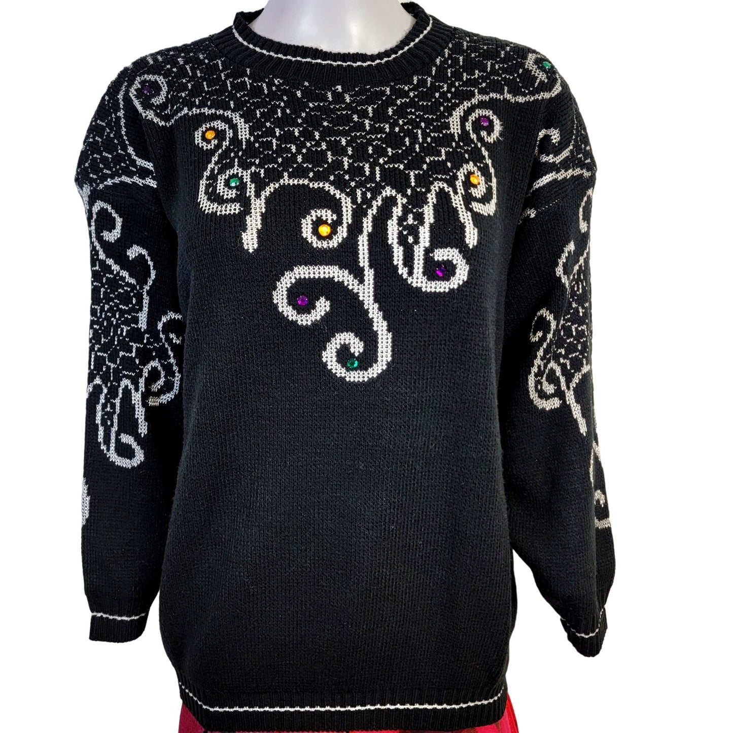 Vintage 80s Embellished Sweater Women XL Shirt Top Jewels Black