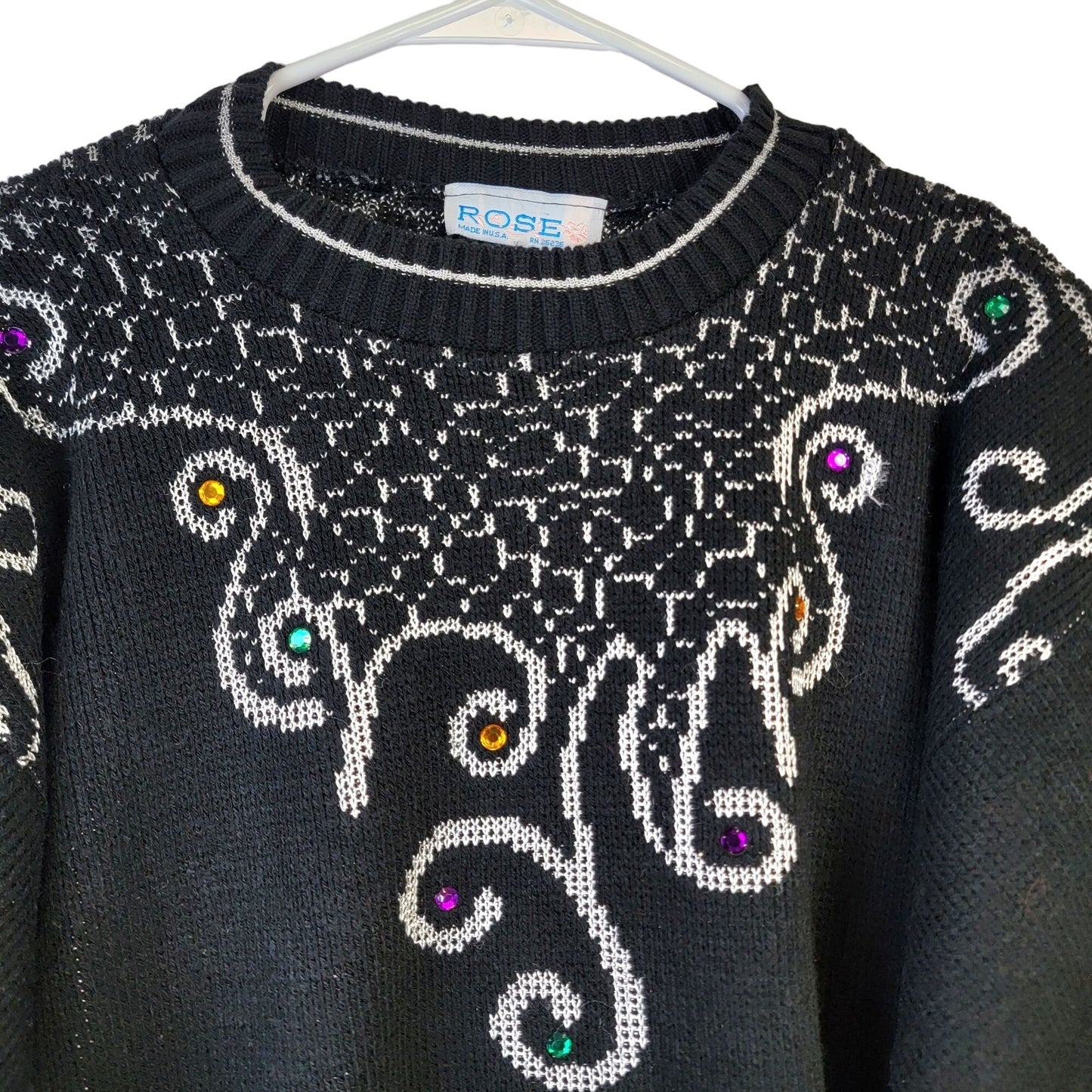 Vintage 80s Embellished Sweater Women XL Shirt Top Jewels Black