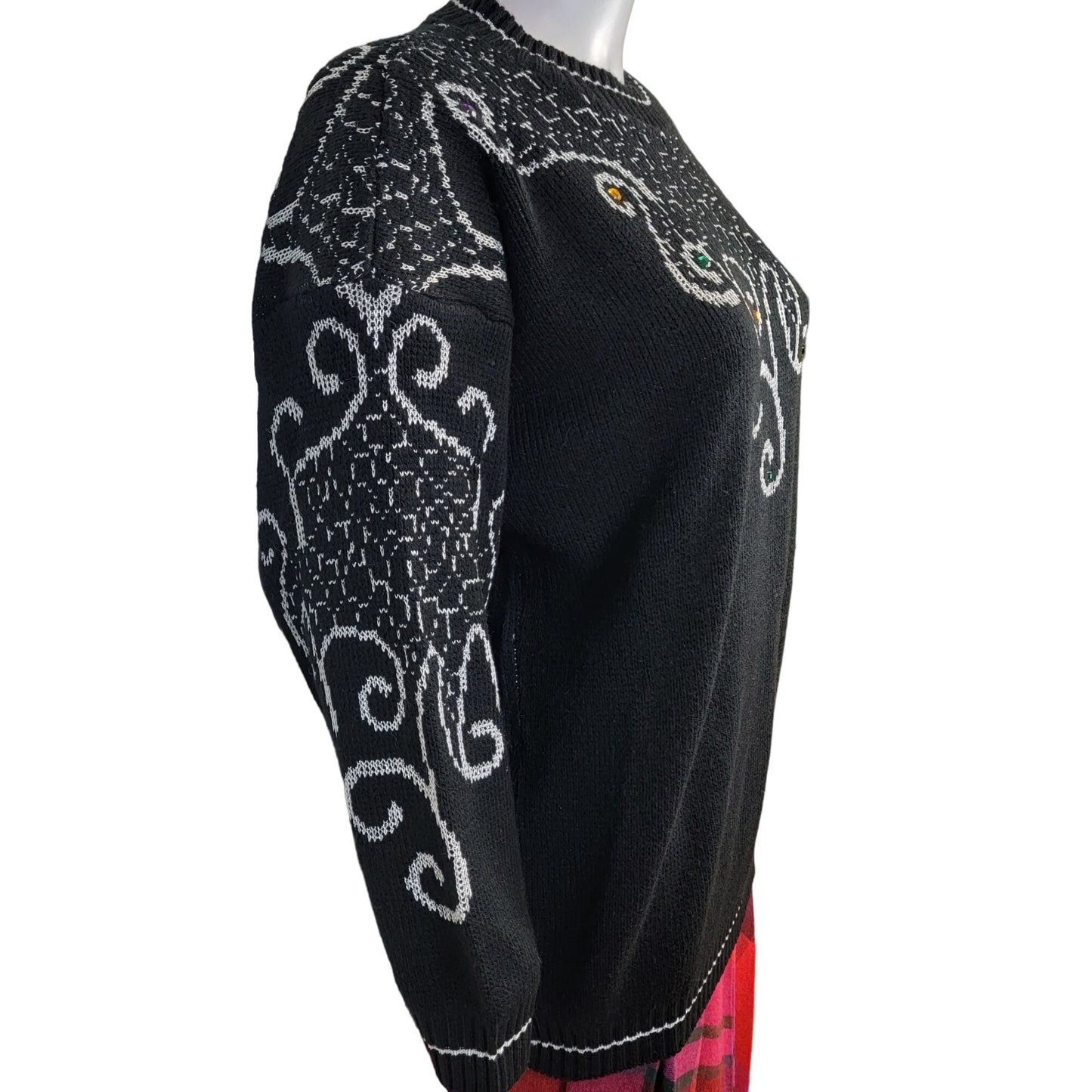 Vintage 80s Embellished Sweater Women XL Shirt Top Jewels Black
