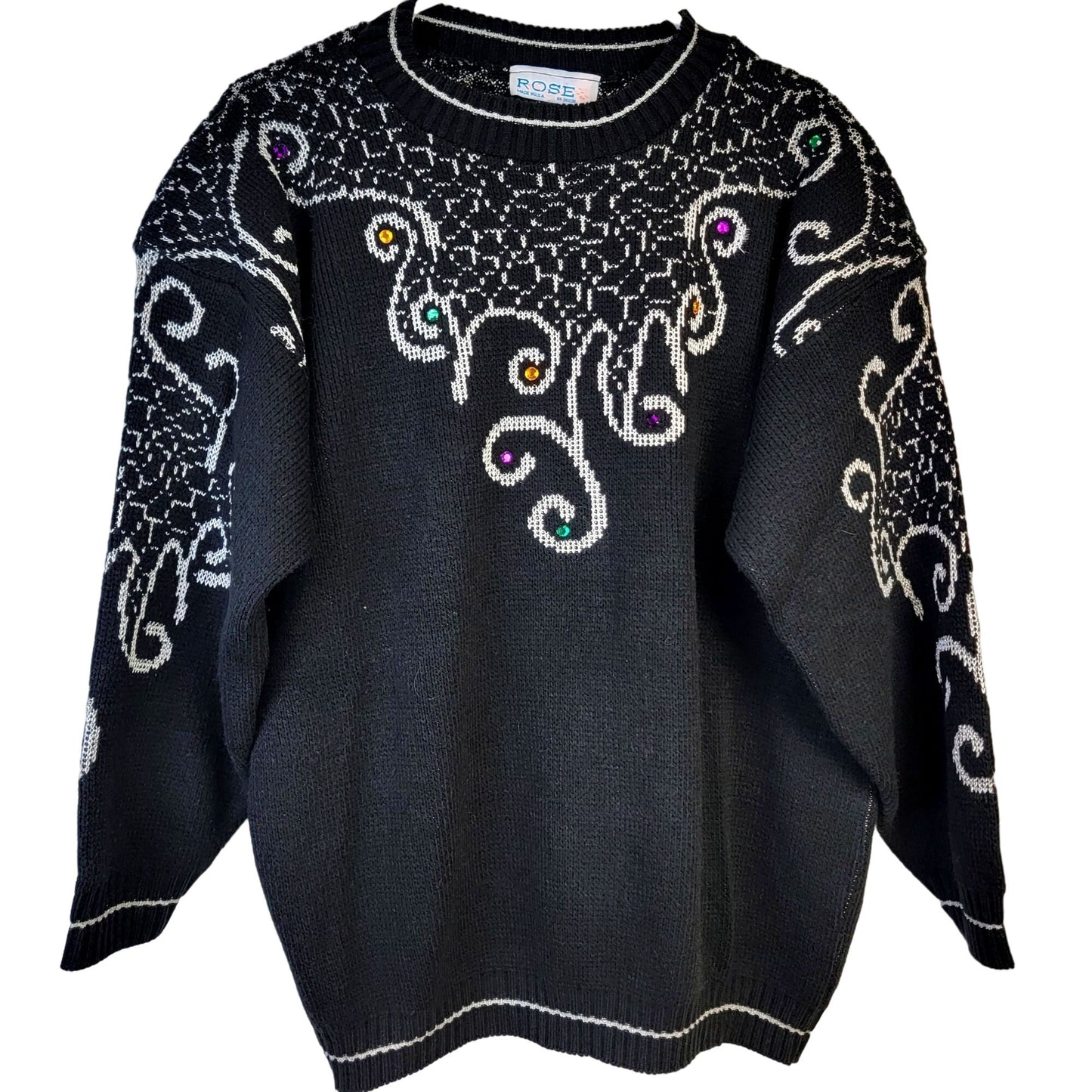Vintage 80s Embellished Sweater Women XL Shirt Top Jewels Black