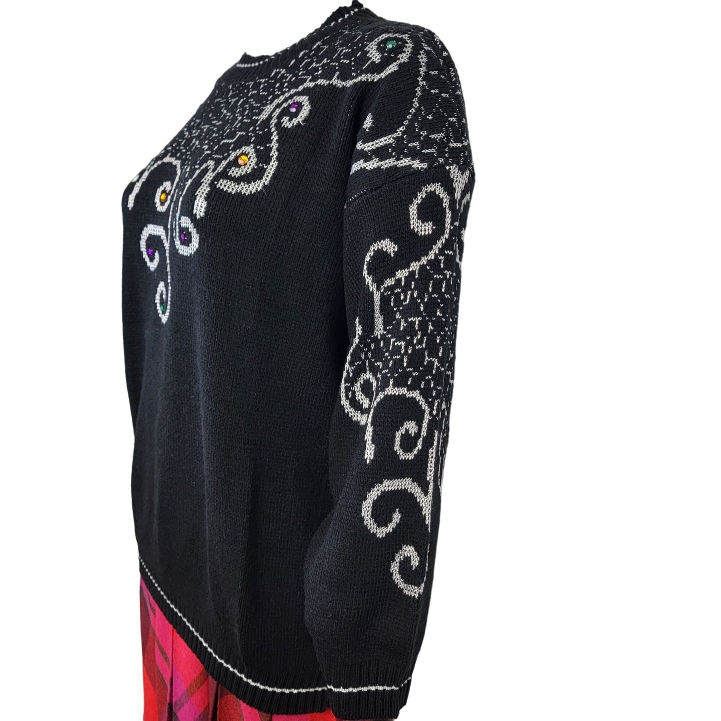 Vintage 80s Embellished Sweater Women XL Shirt Top Jewels Black