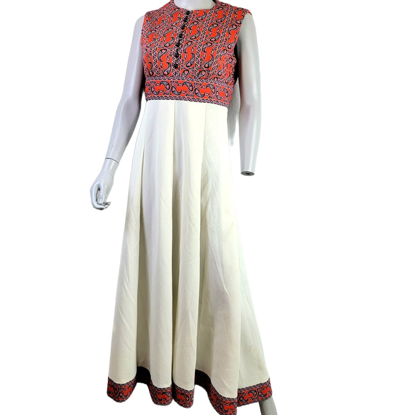 Vintage 60s Paisley Maxi Peasant Dress Women Medium Red