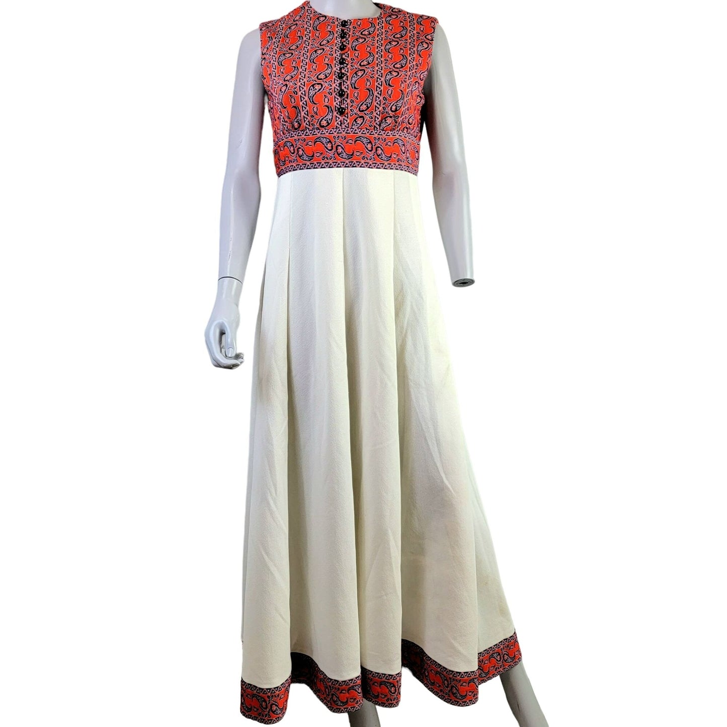 Vintage 60s Paisley Maxi Peasant Dress Women Medium Red