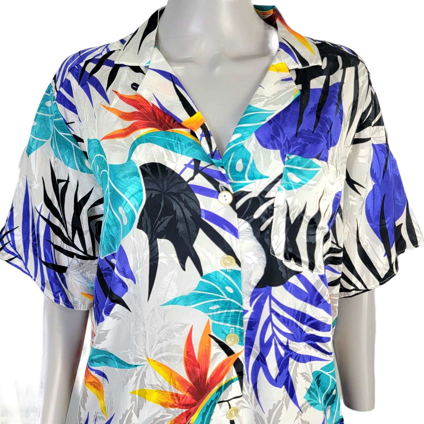 Vintage 80s Satin Tropical Shirt Women Large Embossed White Blue