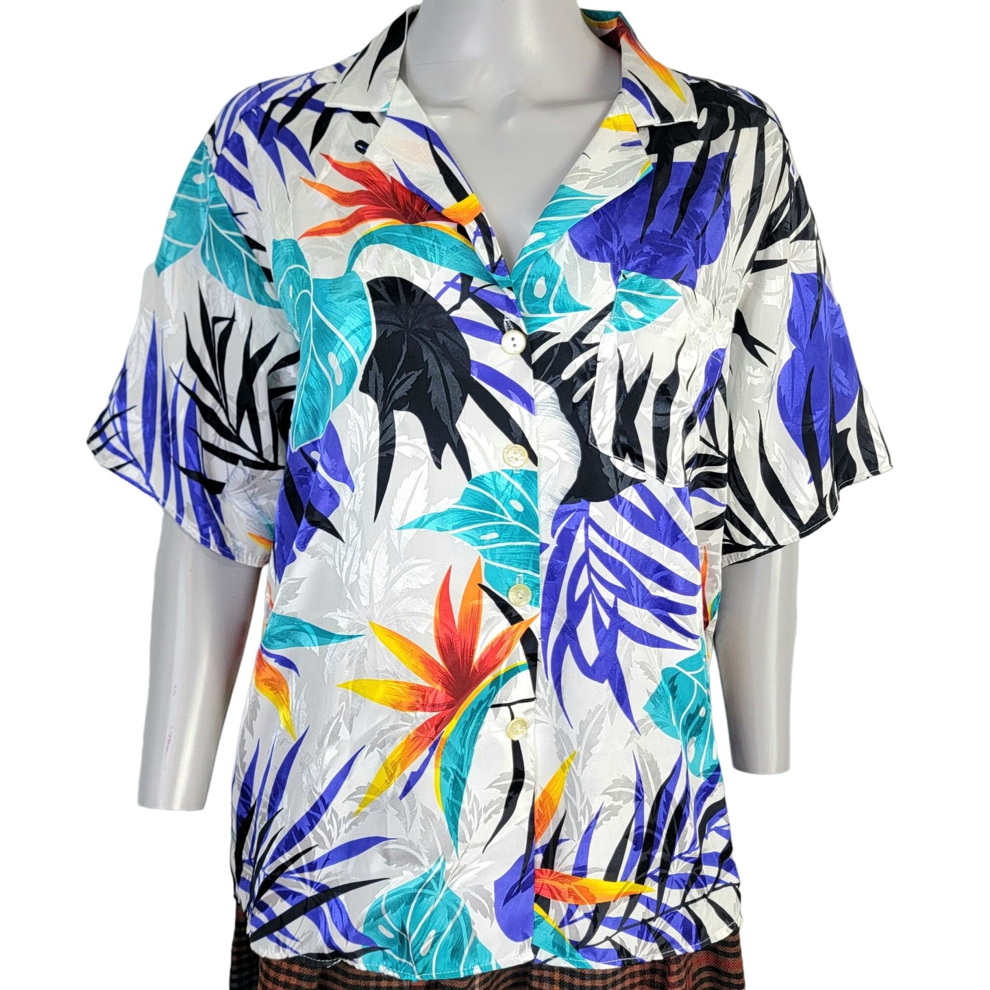 Vintage 80s Satin Tropical Shirt Women Large Embossed White Blue