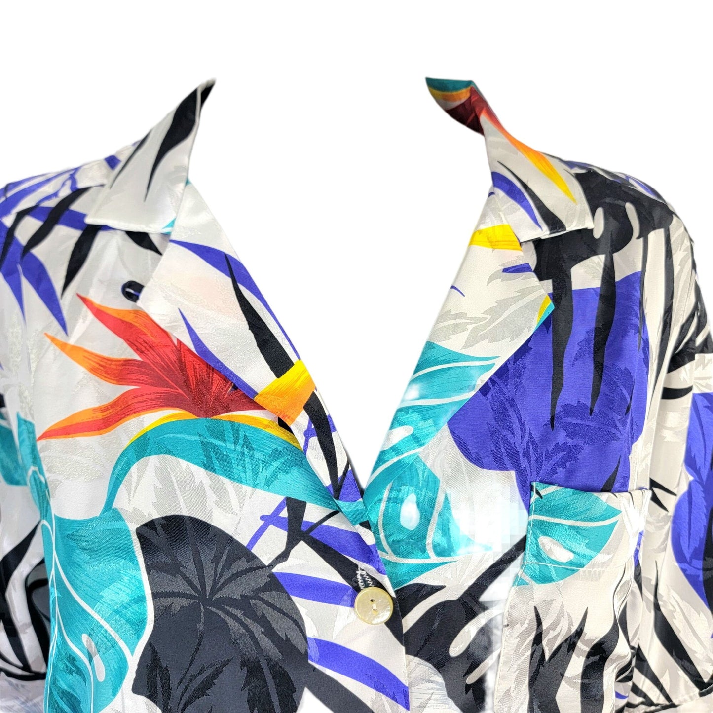 Vintage 80s Satin Tropical Shirt Women Large Embossed White Blue