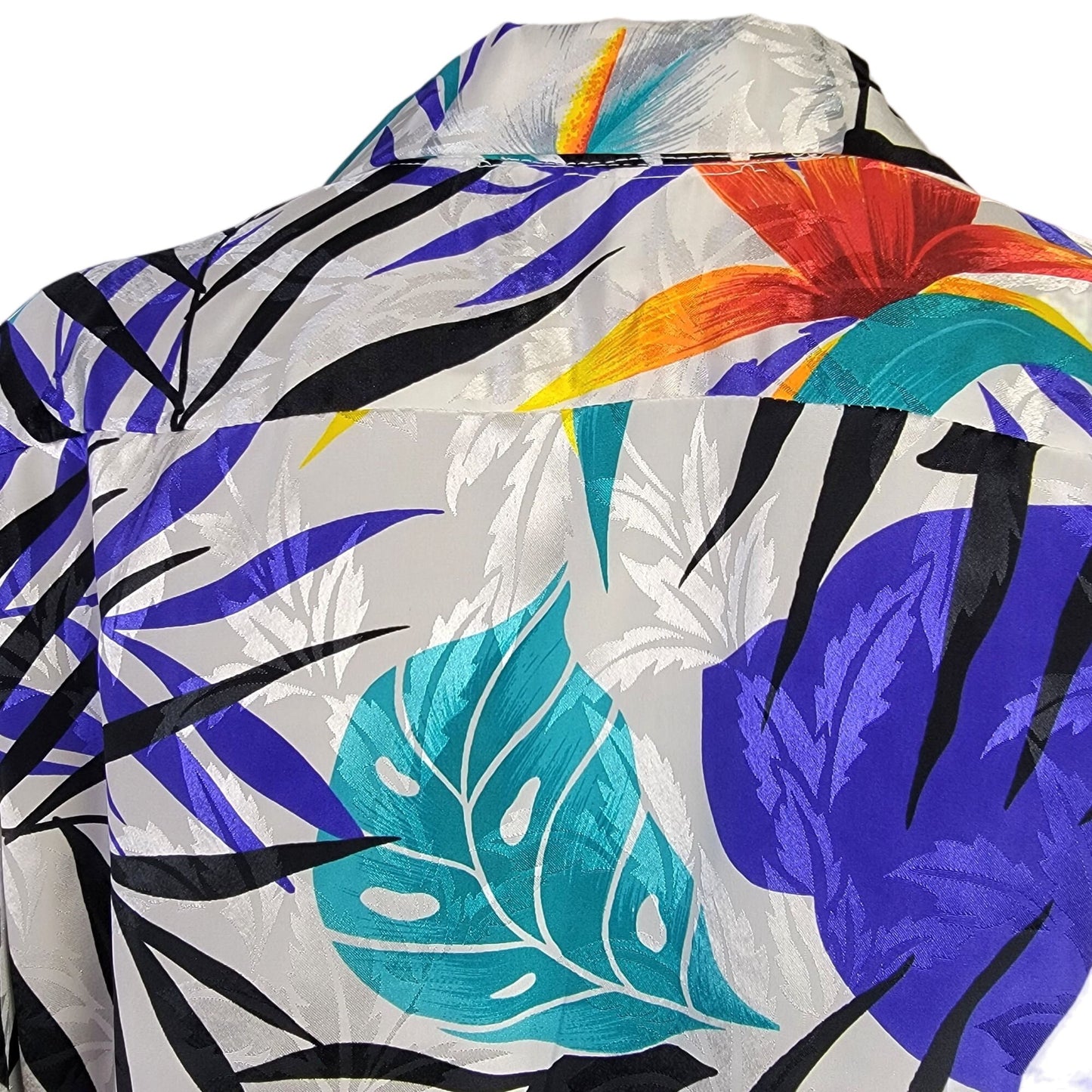 Vintage 80s Satin Tropical Shirt Women Large Embossed White Blue