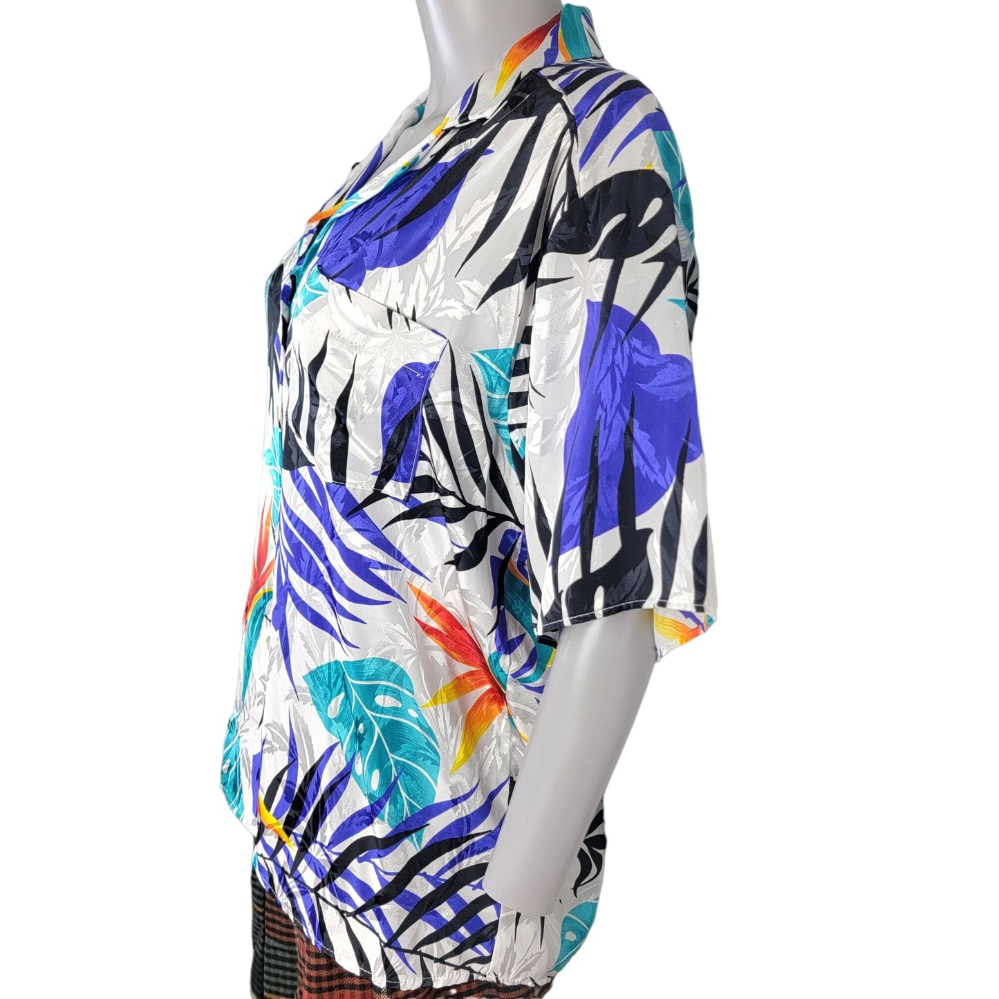 Vintage 80s Satin Tropical Shirt Women Large Embossed White Blue