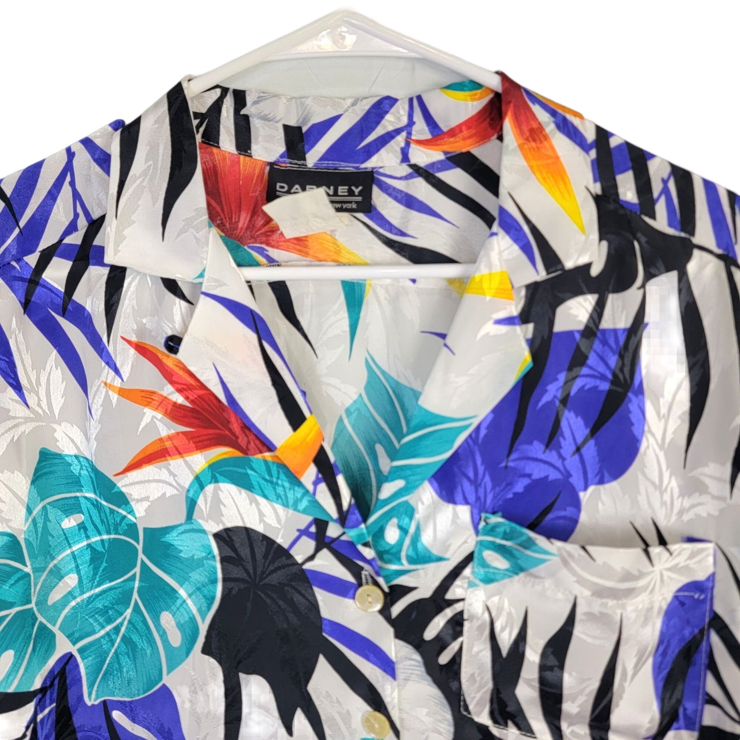 Vintage 80s Satin Tropical Shirt Women Large Embossed White Blue