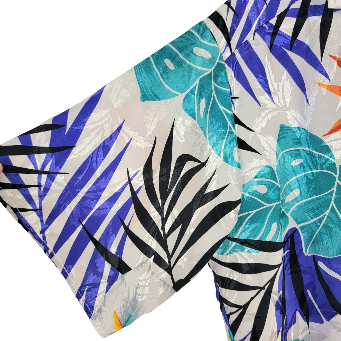 Vintage 80s Satin Tropical Shirt Women Large Embossed White Blue