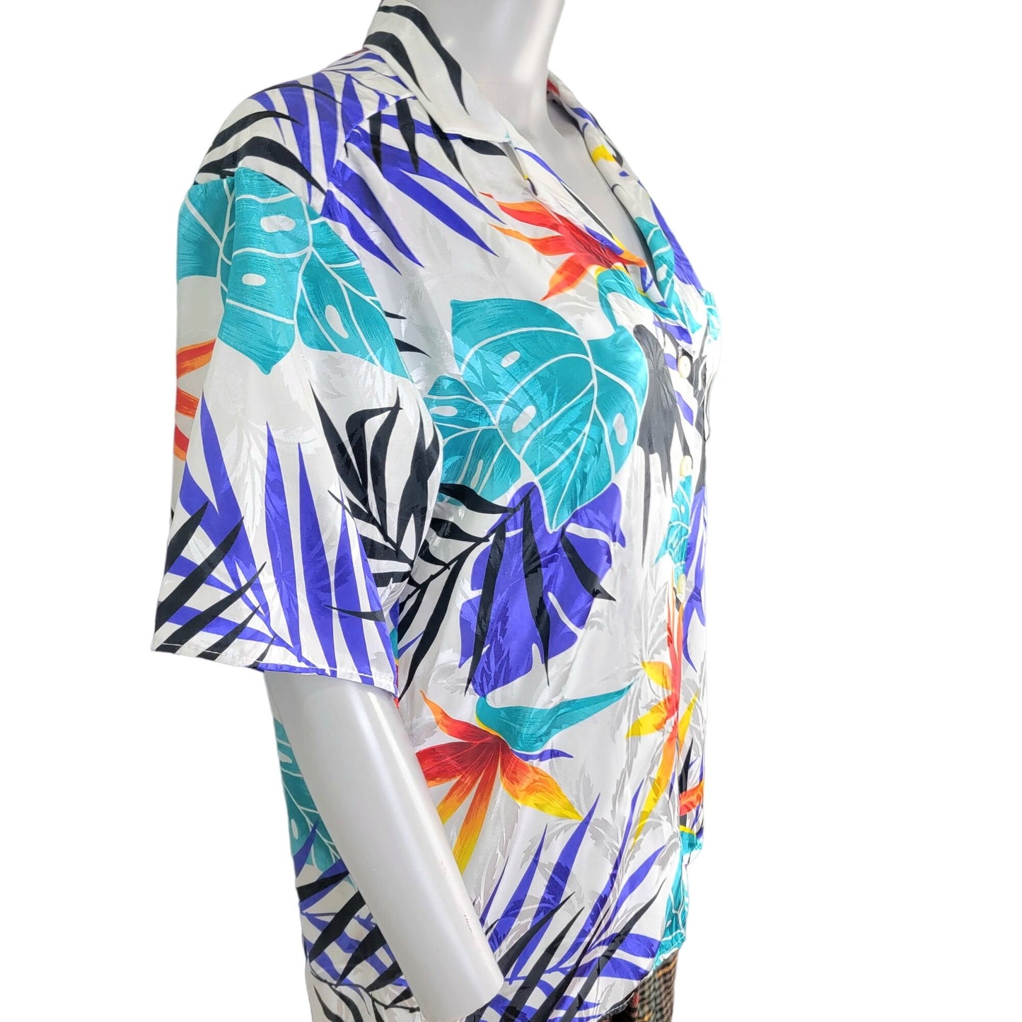 Vintage 80s Satin Tropical Shirt Women Large Embossed White Blue