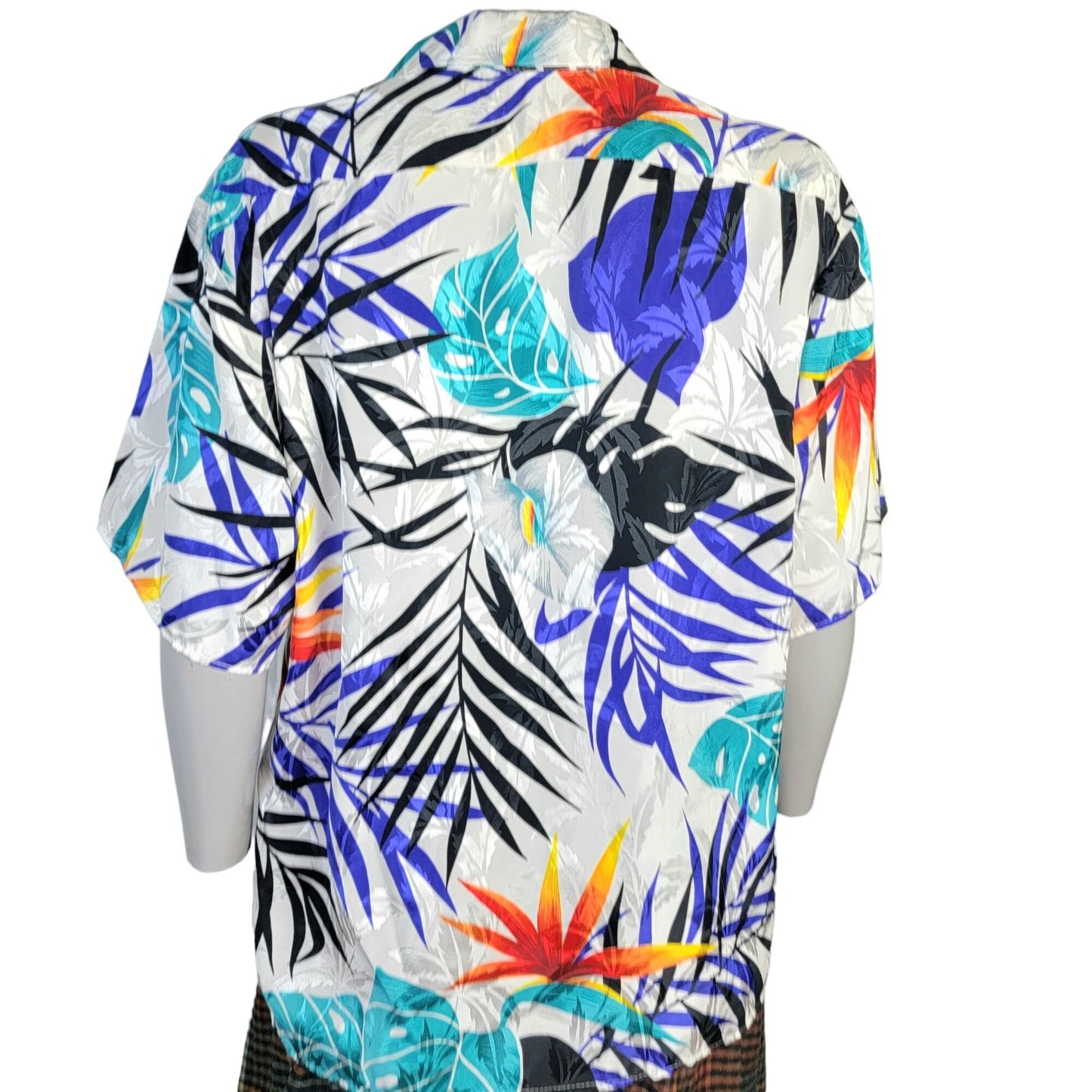 Vintage 80s Satin Tropical Shirt Women Large Embossed White Blue