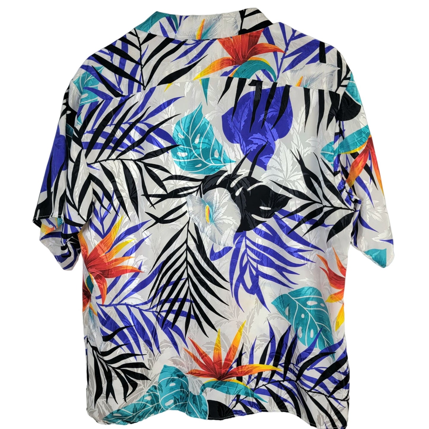 Vintage 80s Satin Tropical Shirt Women Large Embossed White Blue