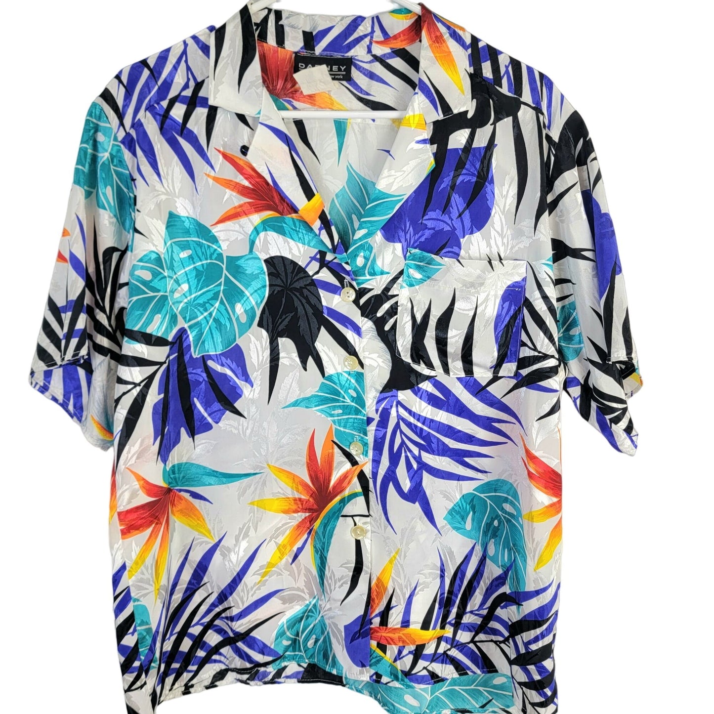 Vintage 80s Satin Tropical Shirt Women Large Embossed White Blue