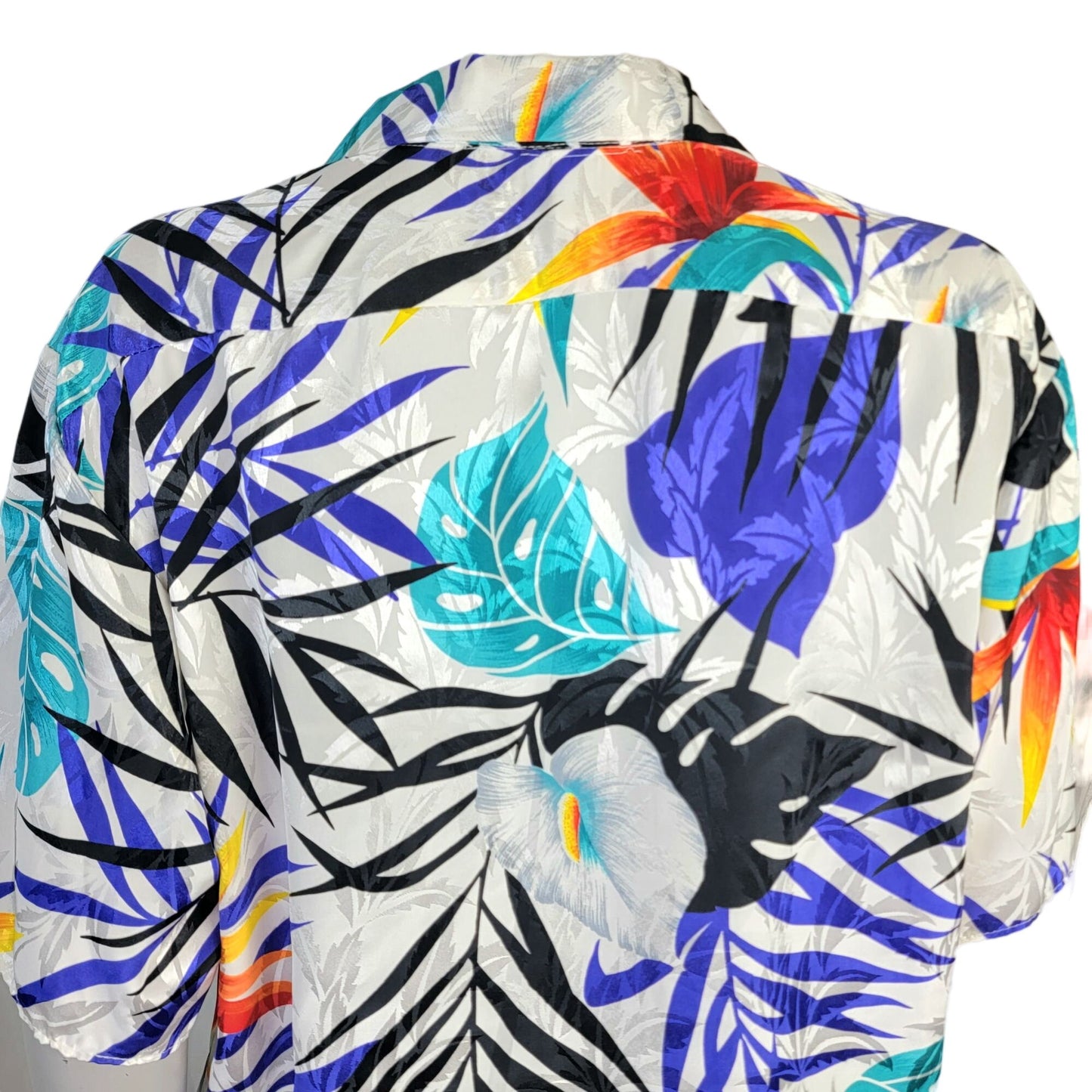 Vintage 80s Satin Tropical Shirt Women Large Embossed White Blue