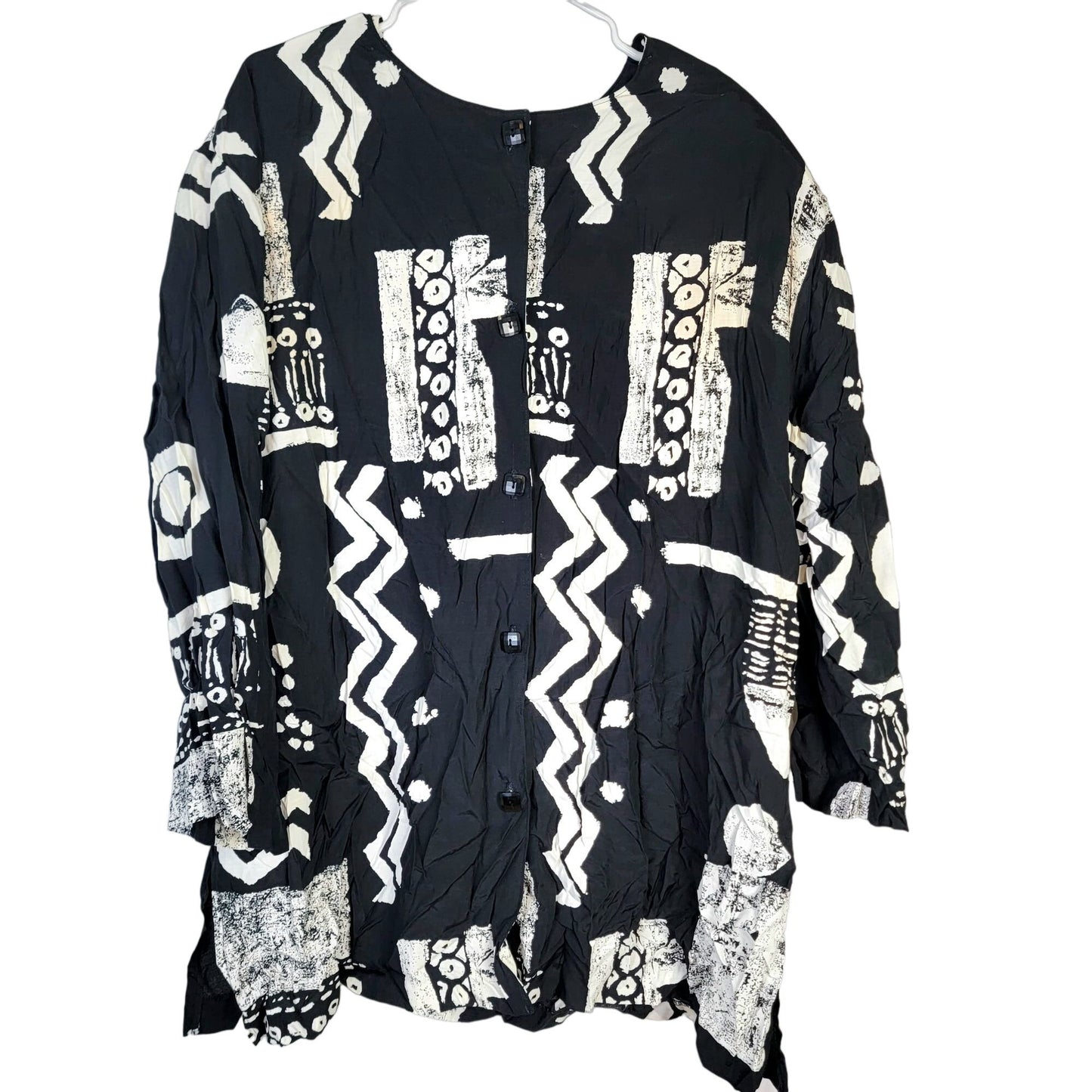 Vintage 80s Button Blouse Women Plus 22W Black White Shirt