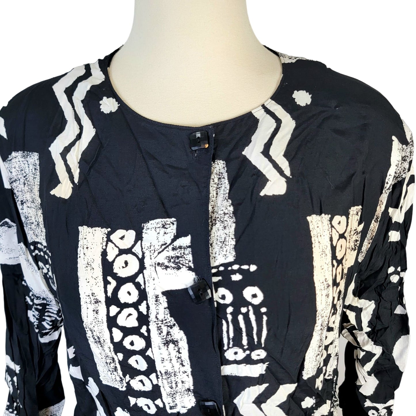 Vintage 80s Button Blouse Women Plus 22W Black White Shirt