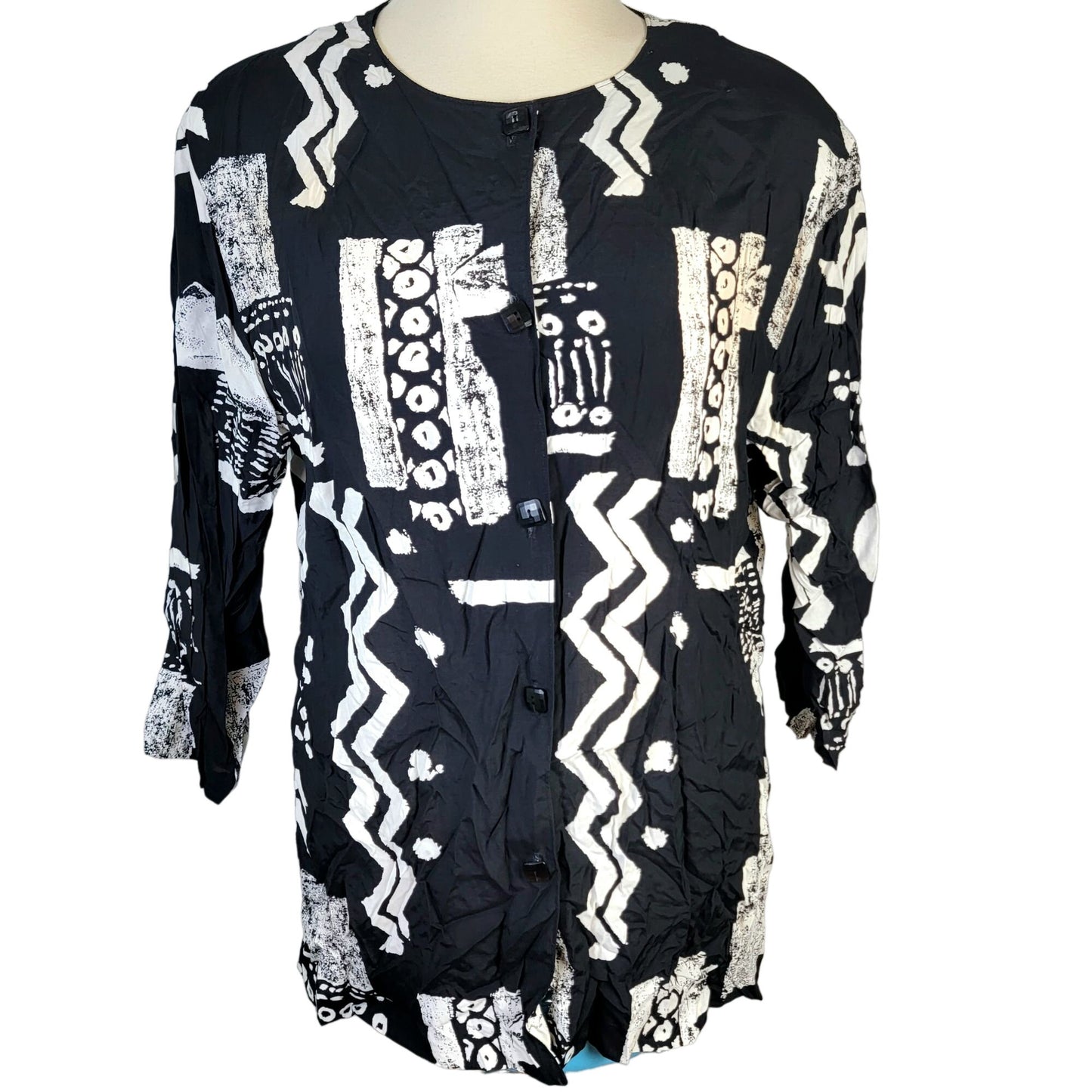 Vintage 80s Button Blouse Women Plus 22W Black White Shirt