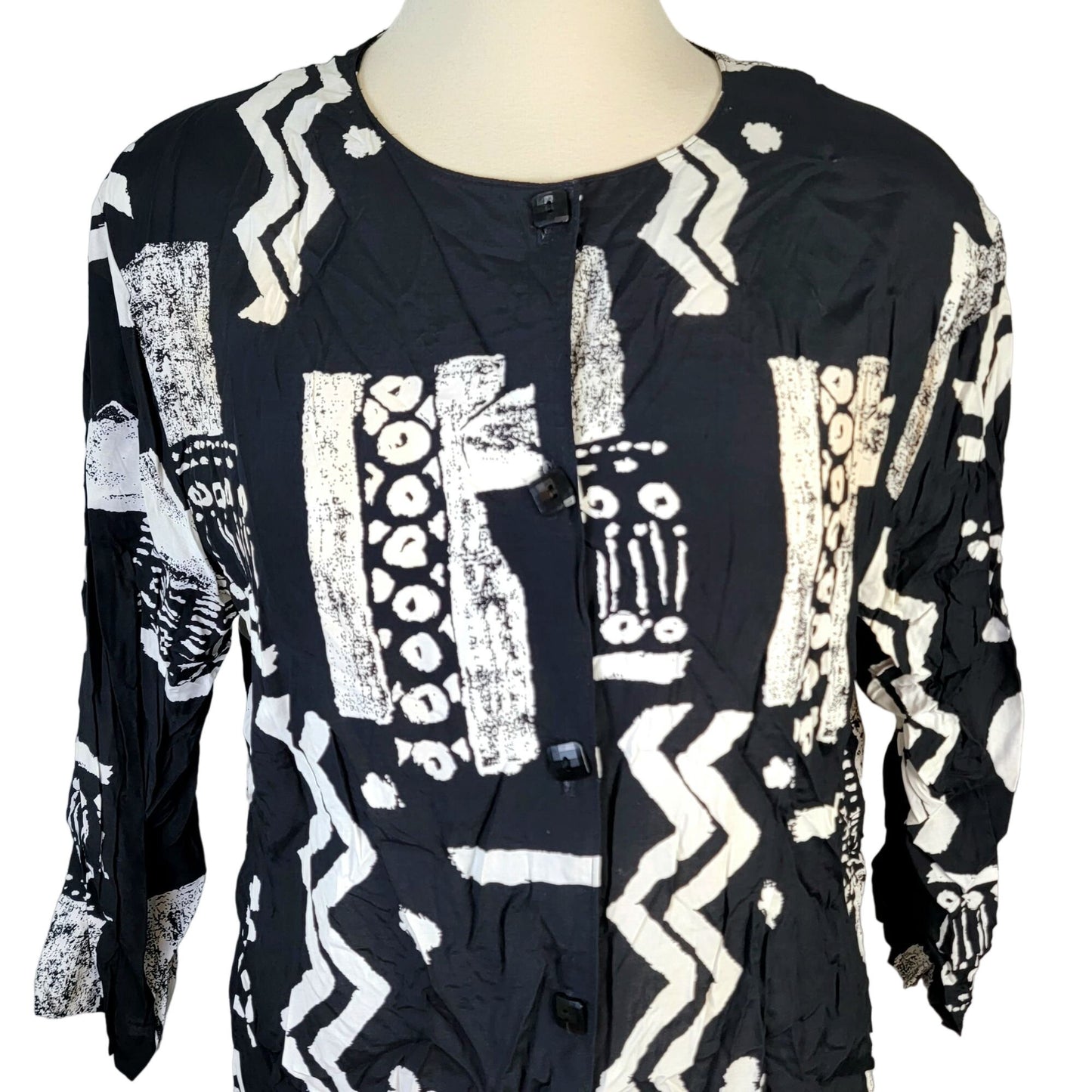 Vintage 80s Button Blouse Women Plus 22W Black White Shirt