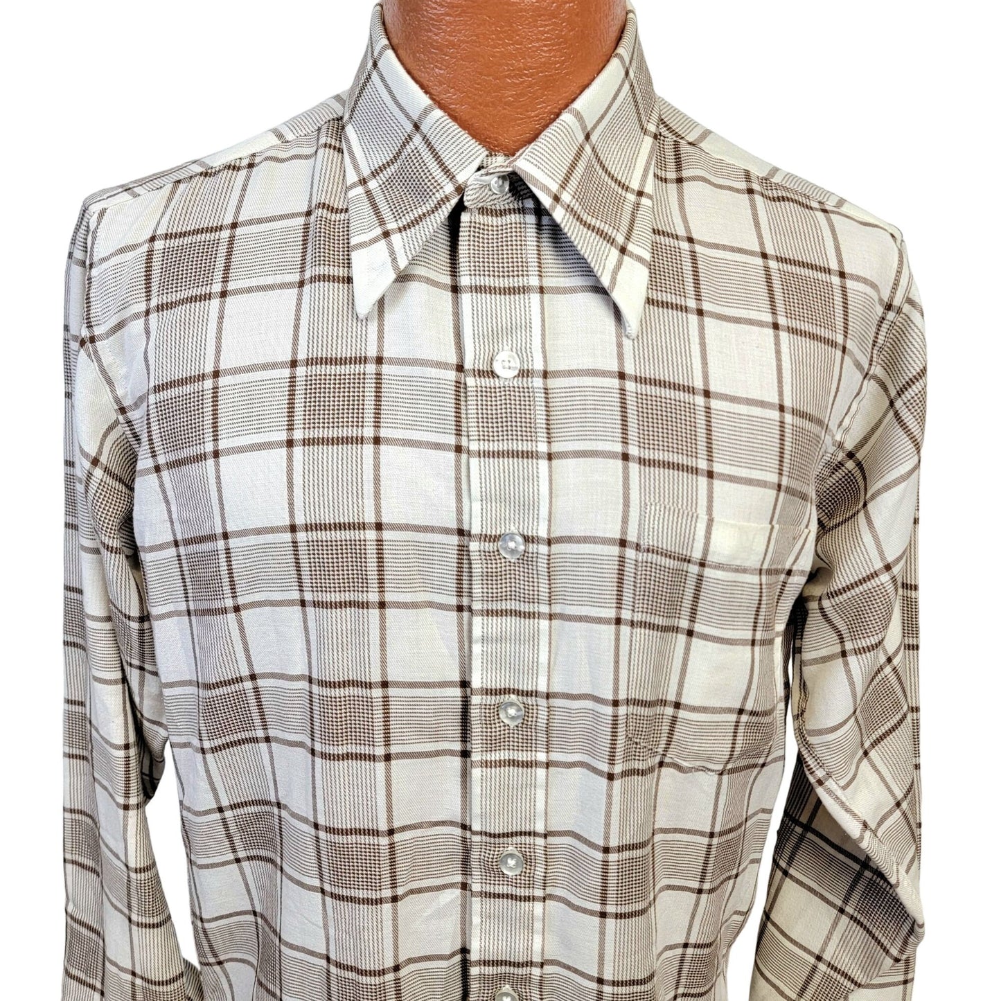 Vintage 70s Retro Plaid Shirt Men Medium Button Down Brown